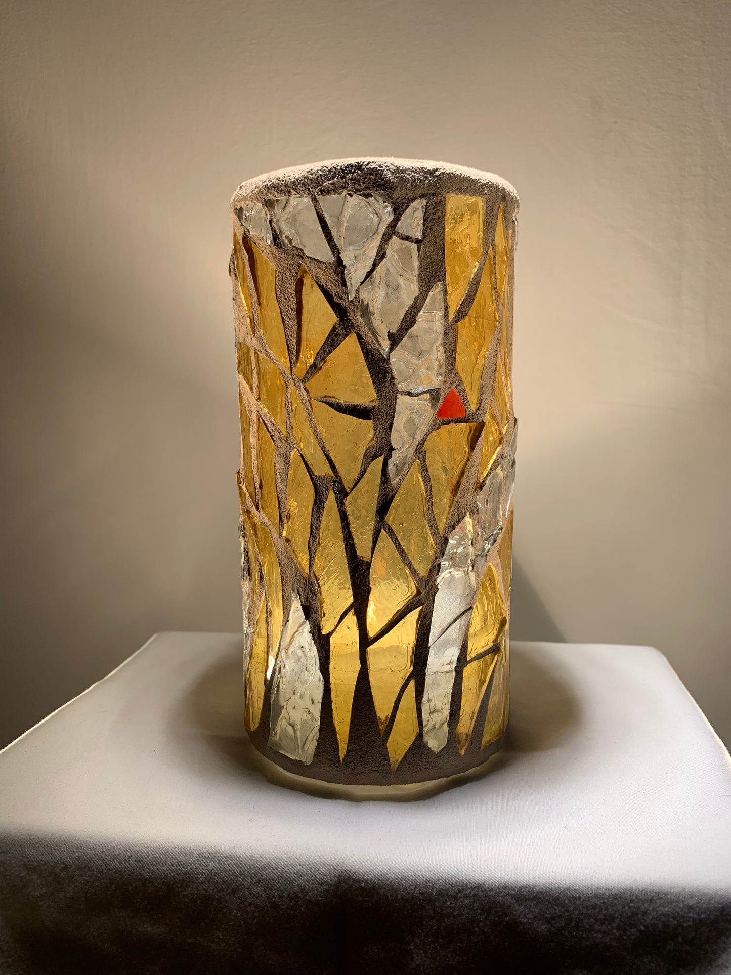 "Morning Glow" Stained Glass Candle Holder - Sunny Yellow, Sunrise Red, and Bright White, 8"x3" Round Vase"