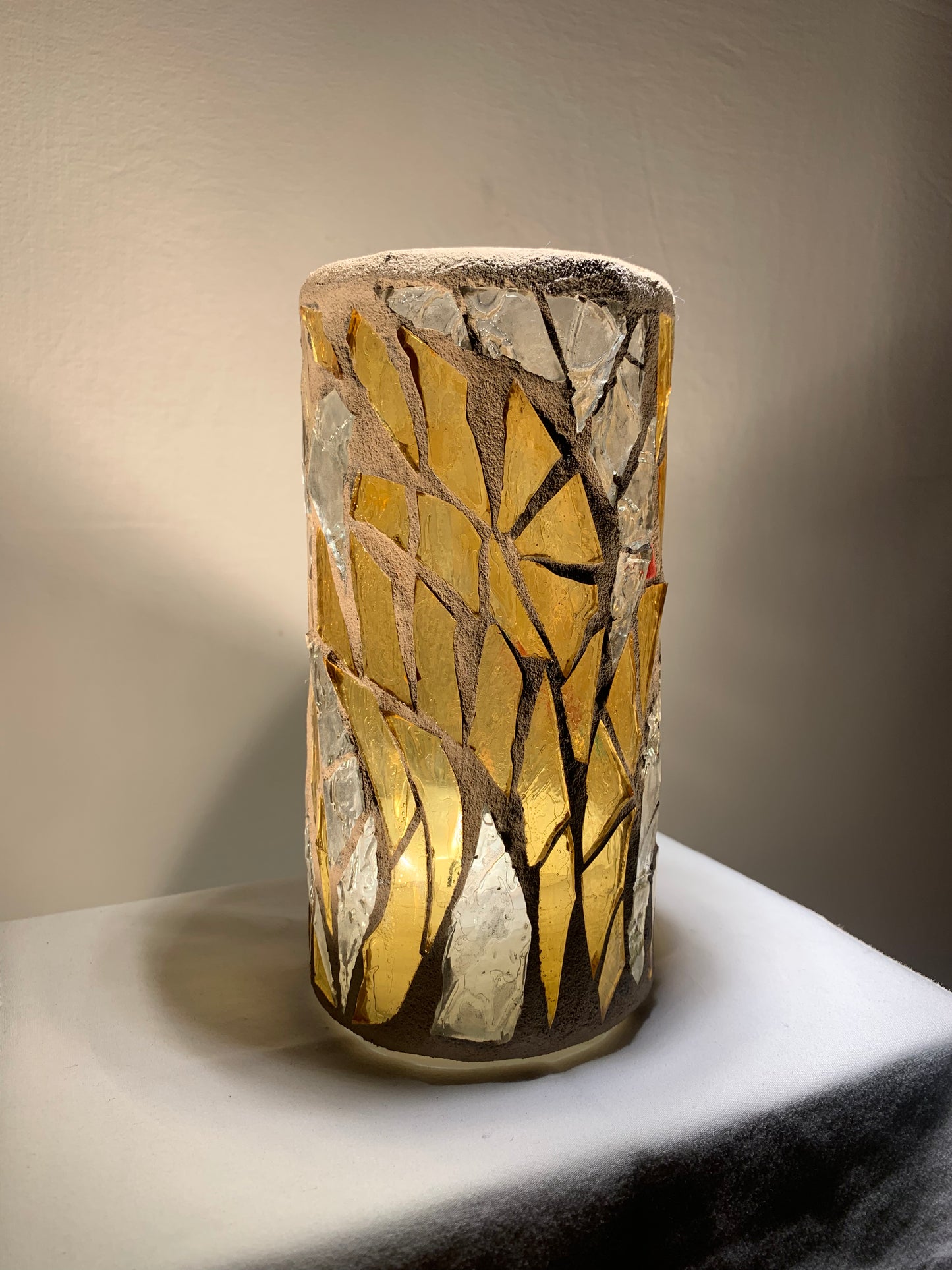 "Morning Glow" Stained Glass Candle Holder - Sunny Yellow, Sunrise Red, and Bright White, 8"x3" Round Vase"