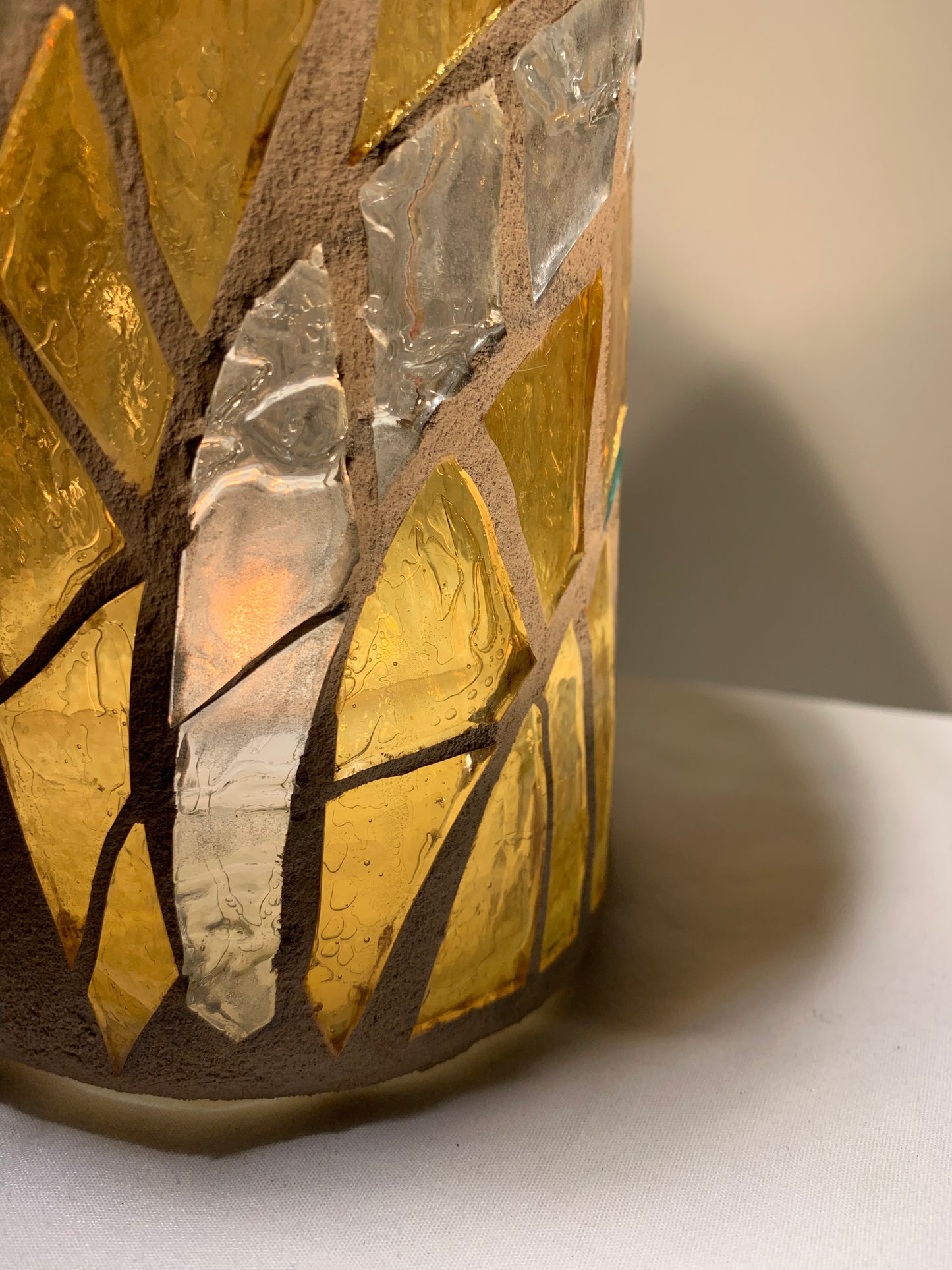 "Morning Glow" Stained Glass Candle Holder - Sunny Yellow, Sunrise Red, and Bright White, 8"x3" Round Vase"