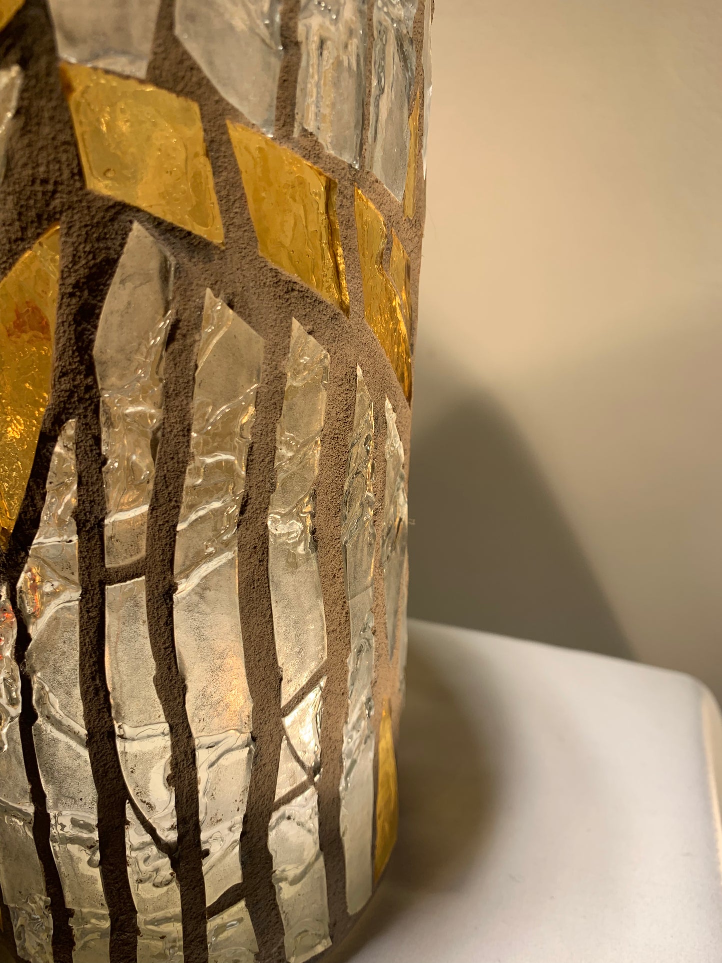 "Morning Glow" Stained Glass Candle Holder - Sunny Yellow, Sunrise Red, and Bright White, 8"x3" Round Vase"