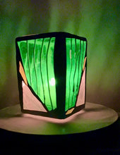Load and play video in Gallery viewer, &quot;Stalactite ll&quot; Stained glass-candleholder, green, and crystal-clear glass, white grout
