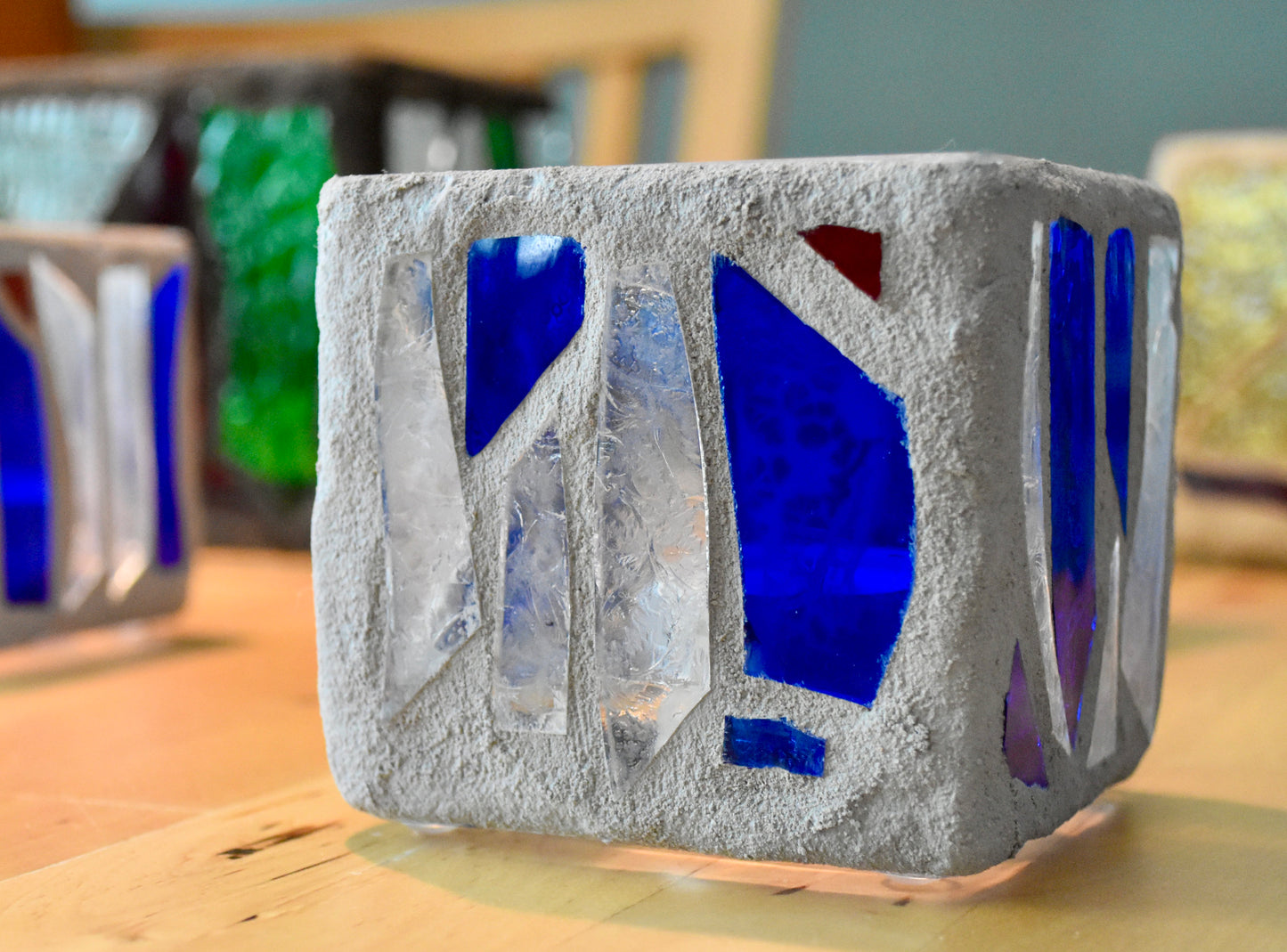 "The Blue Swim" Stained Glass Candle Holder – Blue, Clear Crystal, and Red with Gray Grout
