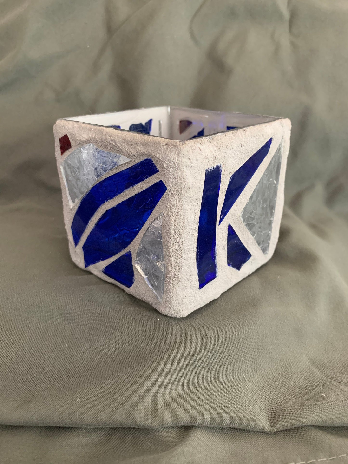 "The Blue Swim" Stained Glass Candle Holder – Blue, Clear Crystal, and Red with Gray Grout