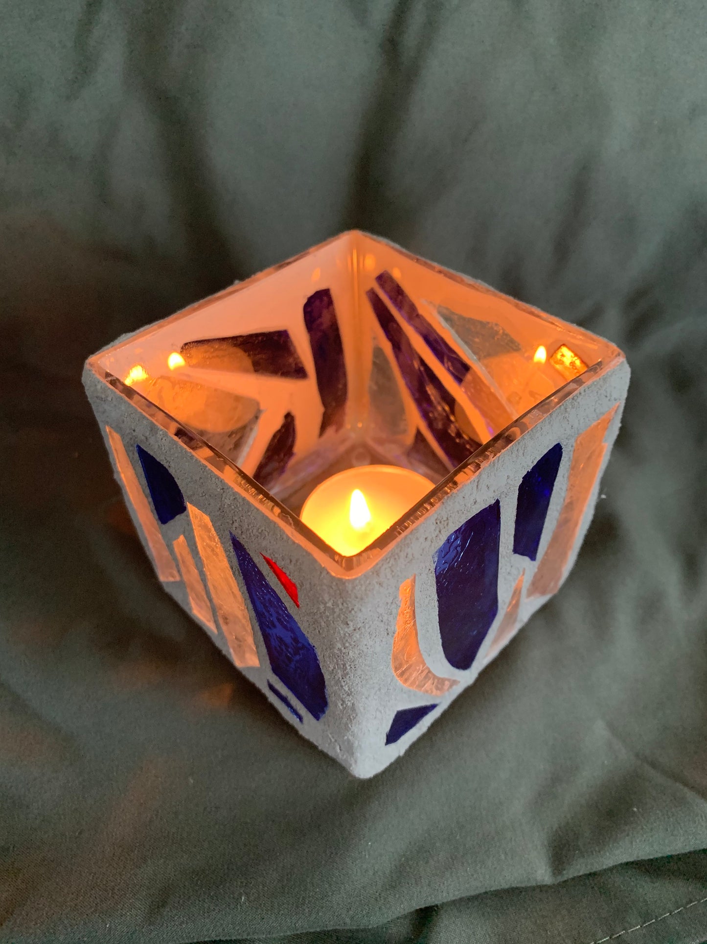 "The Blue Swim" Stained Glass Candle Holder – Blue, Clear Crystal, and Red with Gray Grout