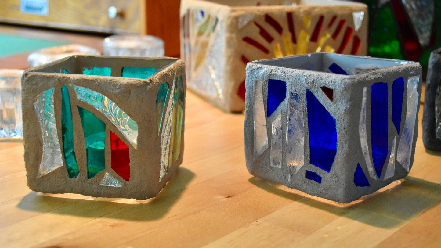 "The Green Desert" Stained Glass Candleholder, 3x3 with Green, Crystal Clear, and Red Accents - Cathedral Candles by Martsolf Design