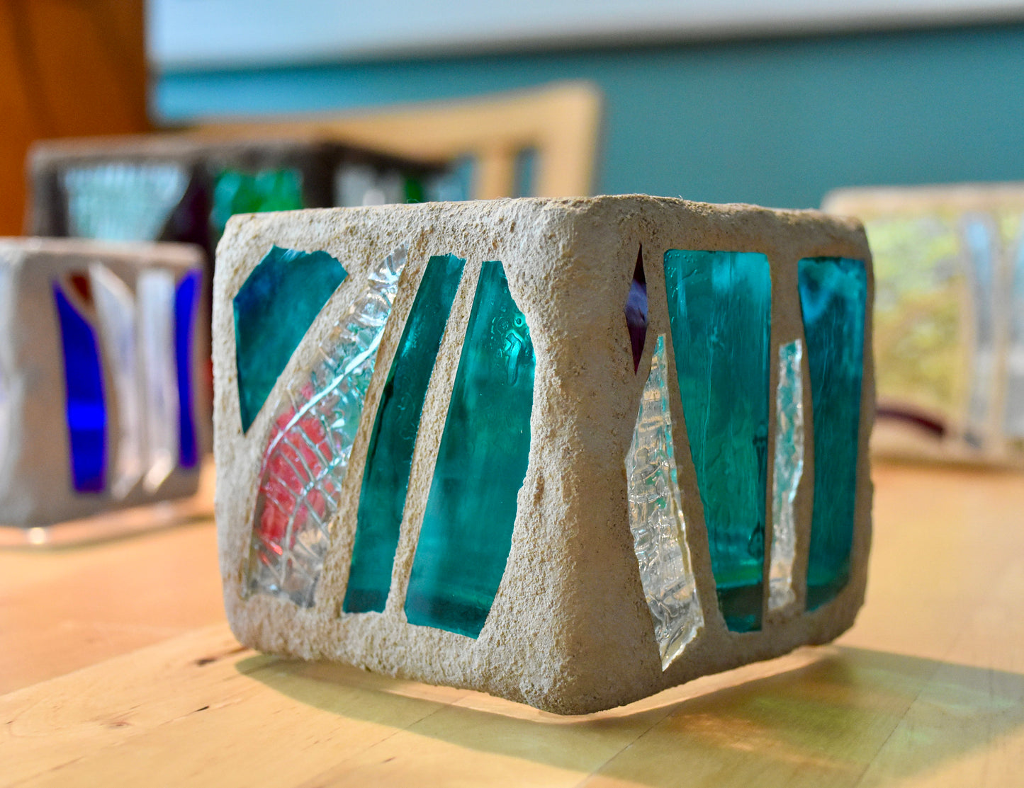 "The Green Desert" Stained Glass Candleholder, 3x3 with Green, Crystal Clear, and Red Accents - Cathedral Candles by Martsolf Design