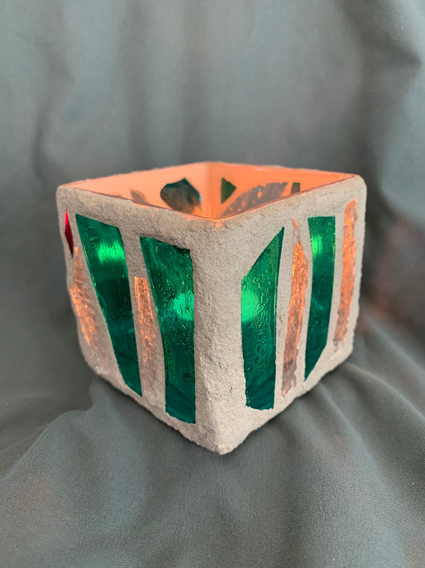 "The Green Desert" Stained Glass Candleholder, 3x3 with Green, Crystal Clear, and Red Accents - Cathedral Candles by Martsolf Design