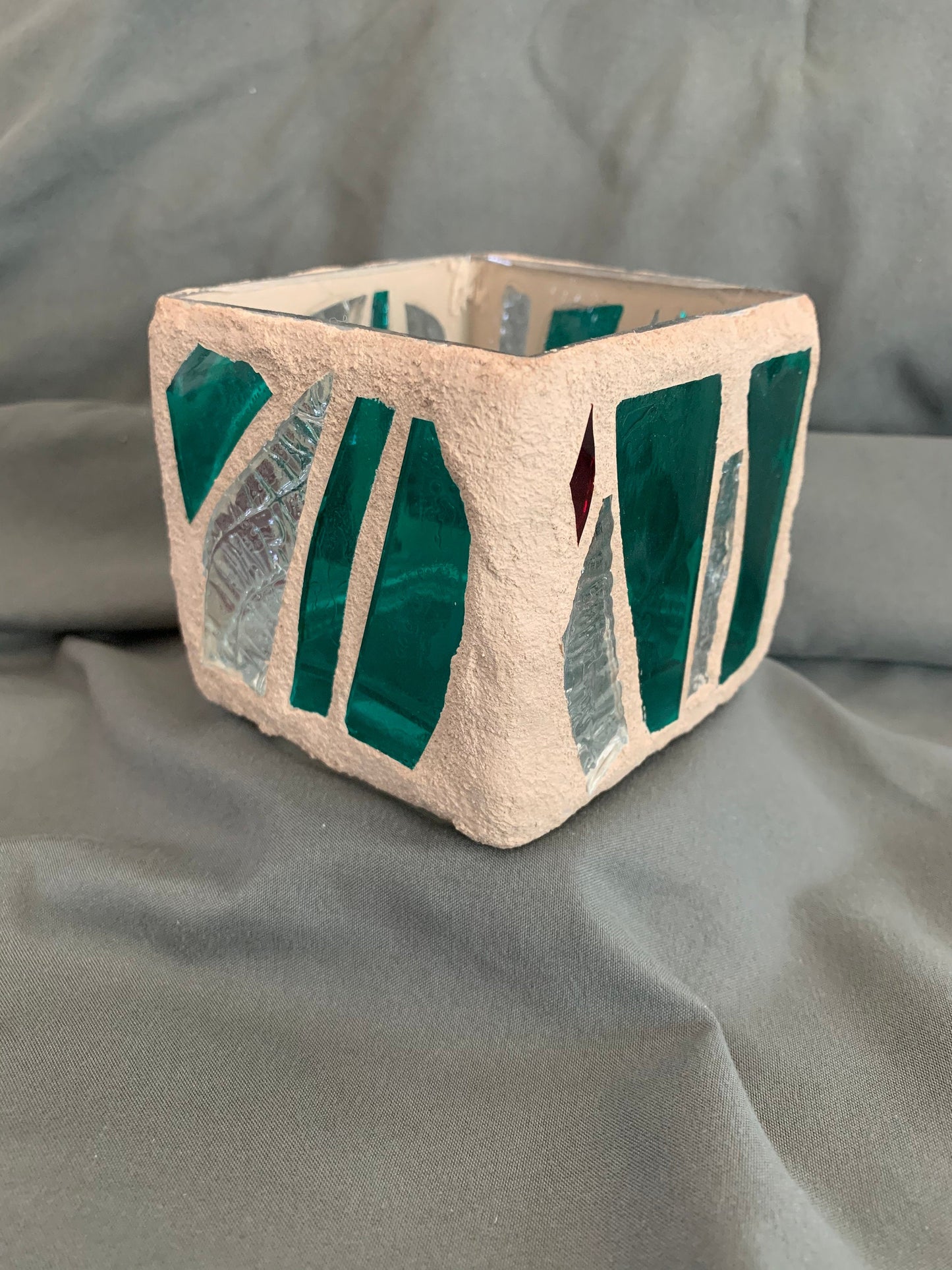 "The Green Desert" Stained Glass Candleholder, 3x3 with Green, Crystal Clear, and Red Accents - Cathedral Candles by Martsolf Design