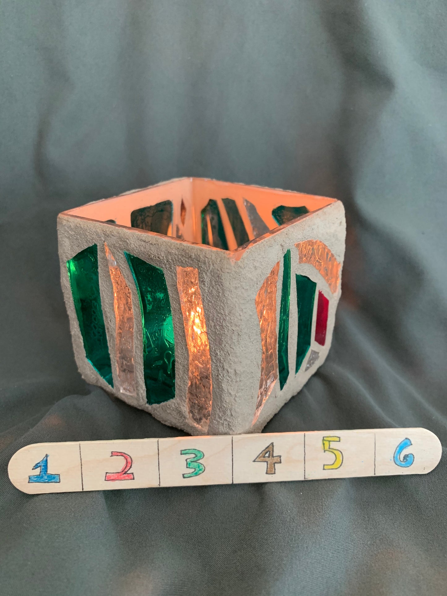 "The Green Desert" Stained Glass Candleholder, 3x3 with Green, Crystal Clear, and Red Accents - Cathedral Candles by Martsolf Design