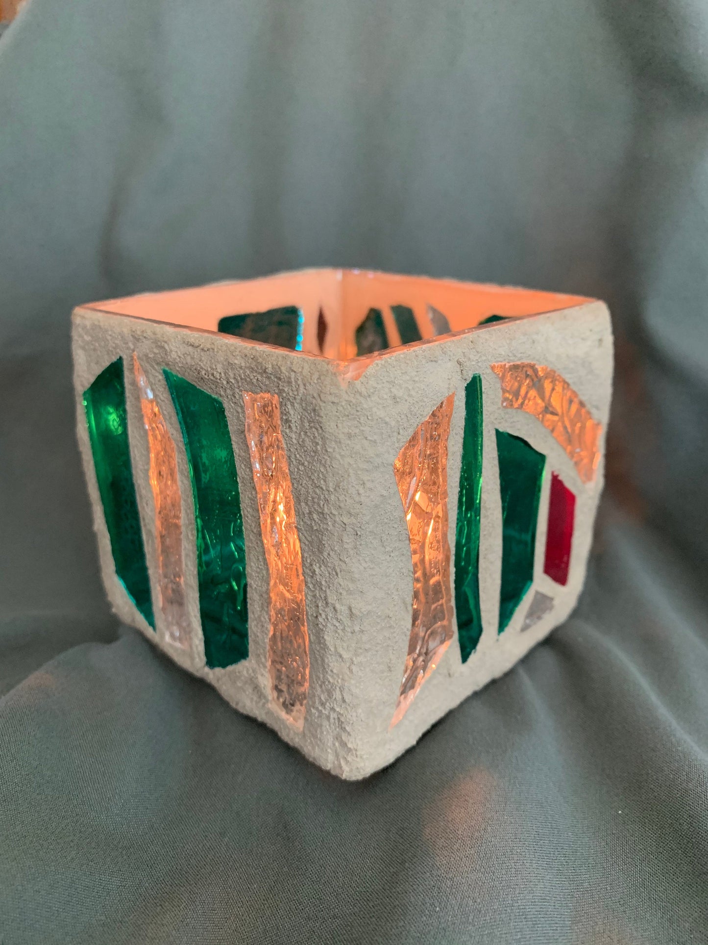 "The Green Desert" Stained Glass Candleholder, 3x3 with Green, Crystal Clear, and Red Accents - Cathedral Candles by Martsolf Design