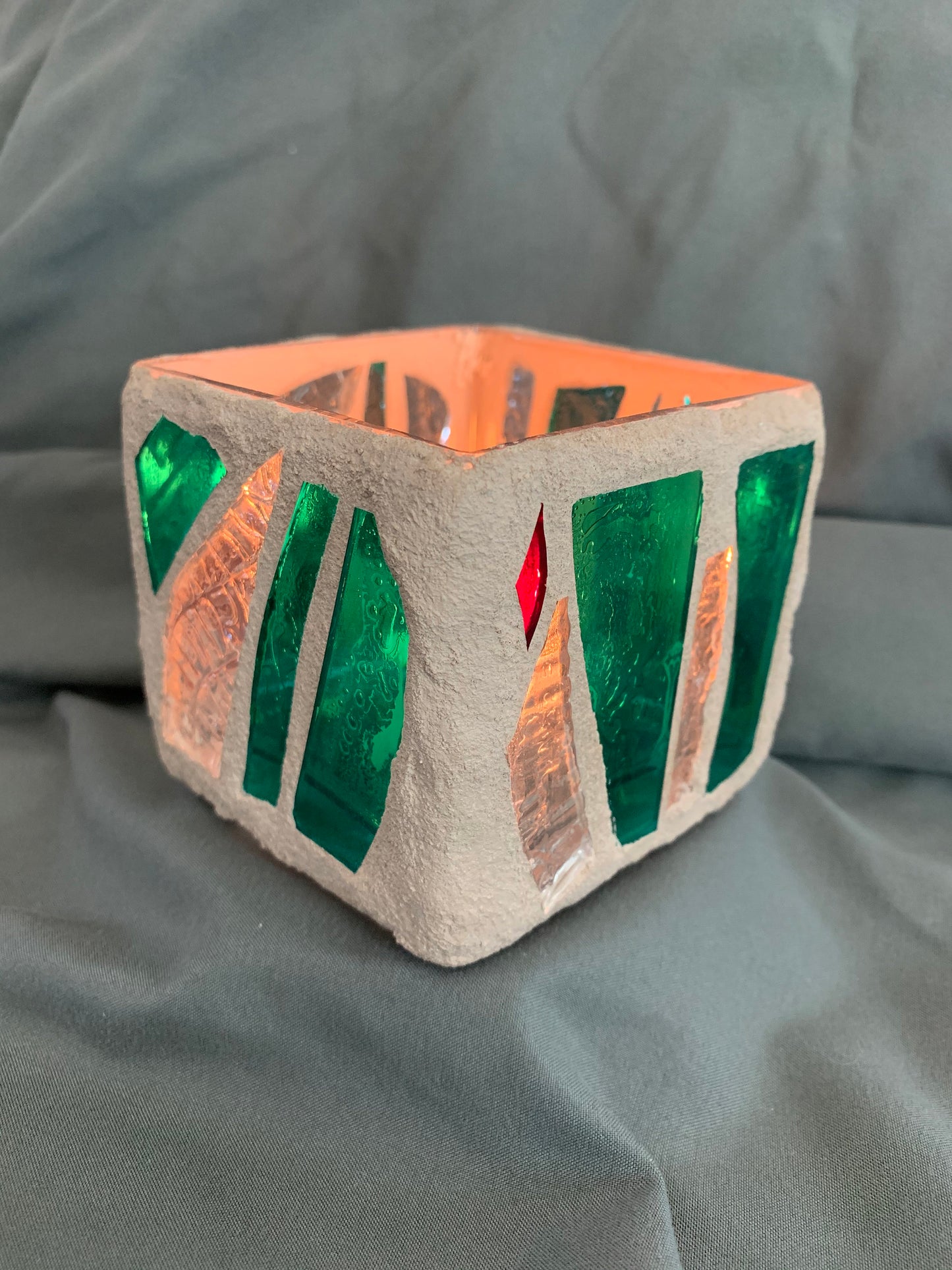 "The Green Desert" Stained Glass Candleholder, 3x3 with Green, Crystal Clear, and Red Accents - Cathedral Candles by Martsolf Design