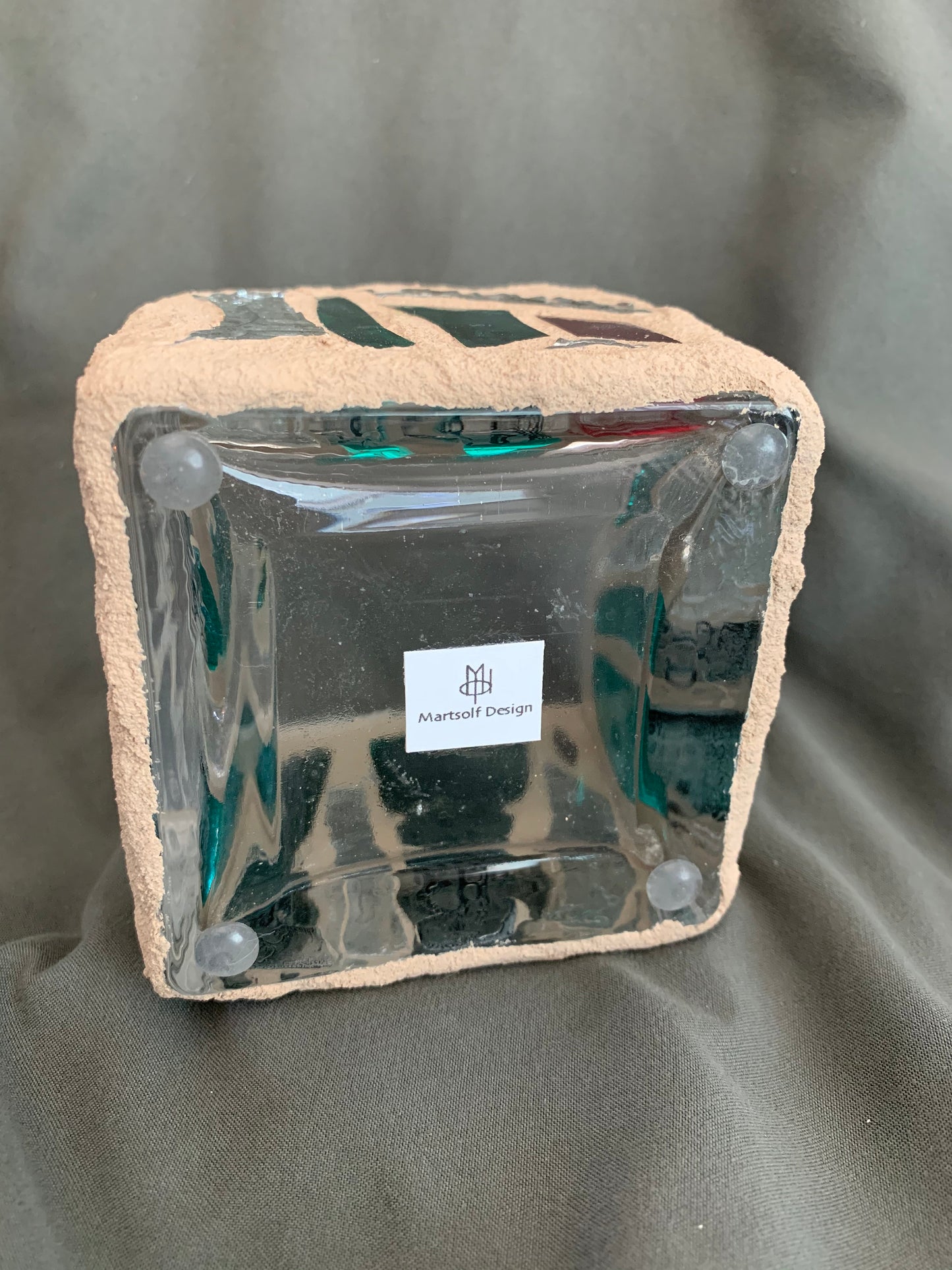 "The Green Desert" Stained Glass Candleholder, 3x3 with Green, Crystal Clear, and Red Accents - Cathedral Candles by Martsolf Design