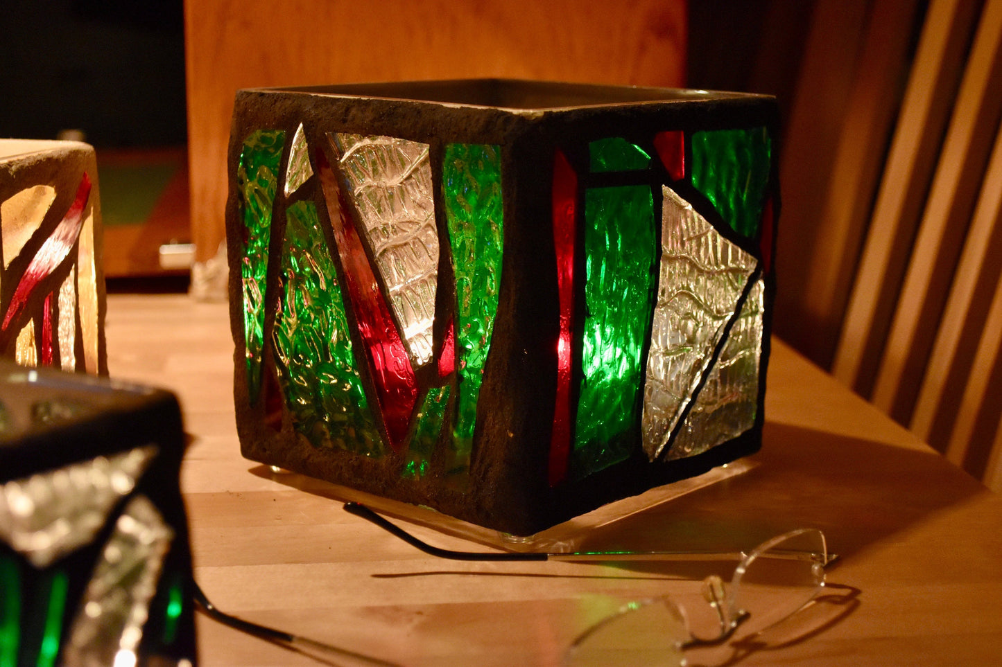 "The Calm of Green" Stained Glass Candle Holder – Green, Clear Crystal, and Red Glass with Coal Colored Grout