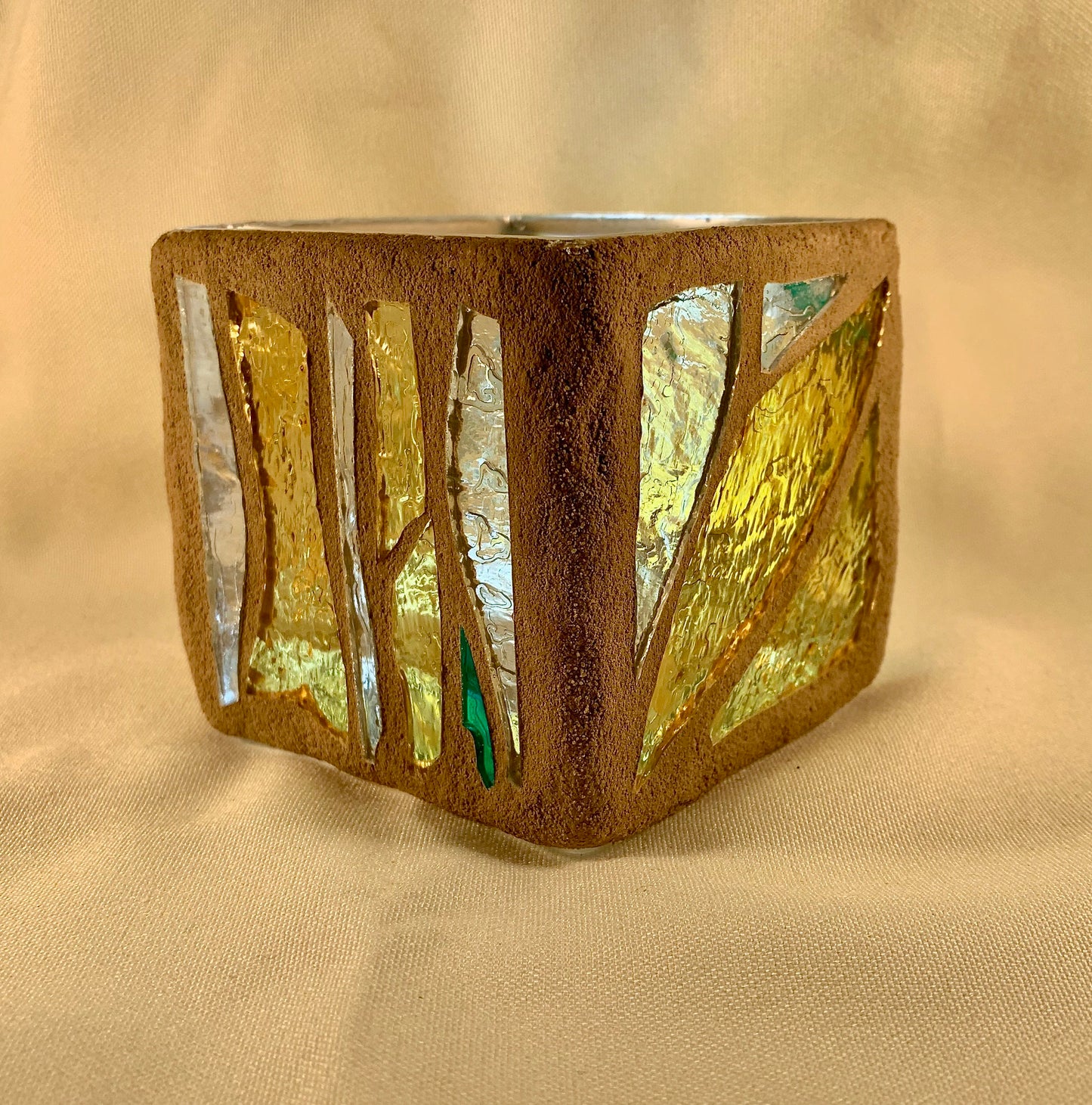 "Gold Chili" Stained Glass Candleholder, Gold, Green, and Clear Crystal with Sandstone Grout - Cathedral Candles by Martsolf Design