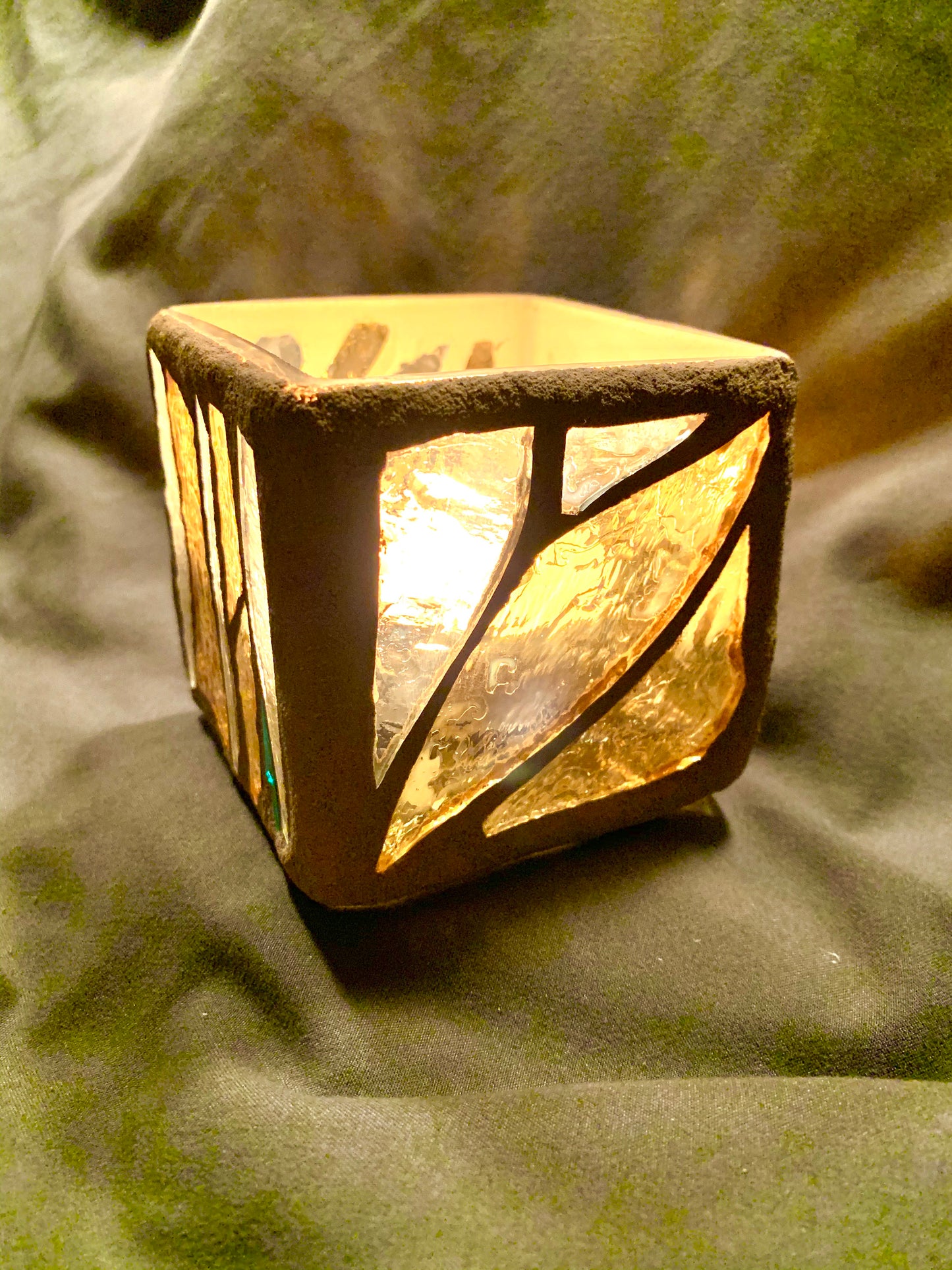"Gold Chili" Stained Glass Candleholder, Gold, Green, and Clear Crystal with Sandstone Grout - Cathedral Candles by Martsolf Design