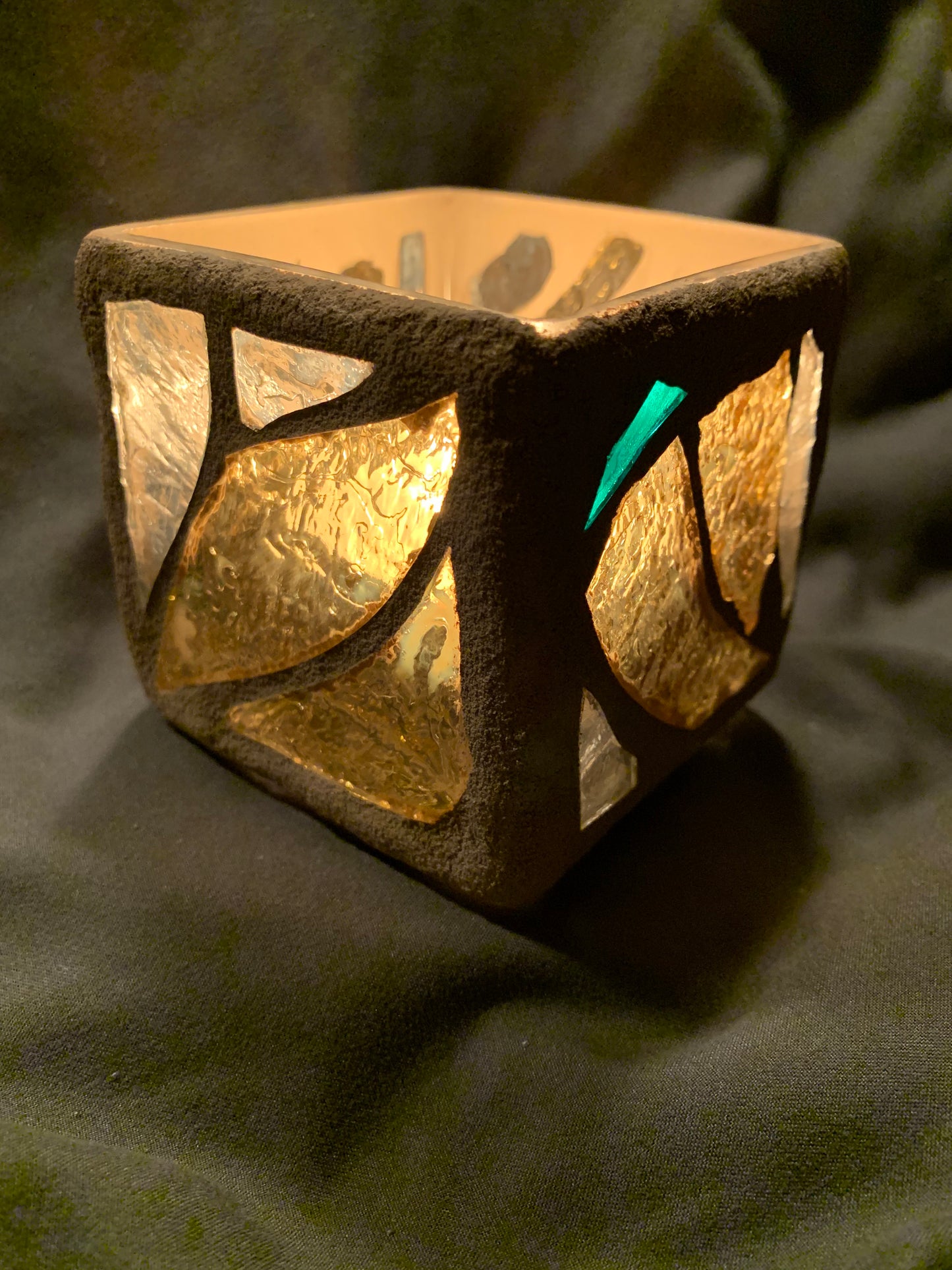 "Gold Chili" Stained Glass Candleholder, Gold, Green, and Clear Crystal with Sandstone Grout - Cathedral Candles by Martsolf Design