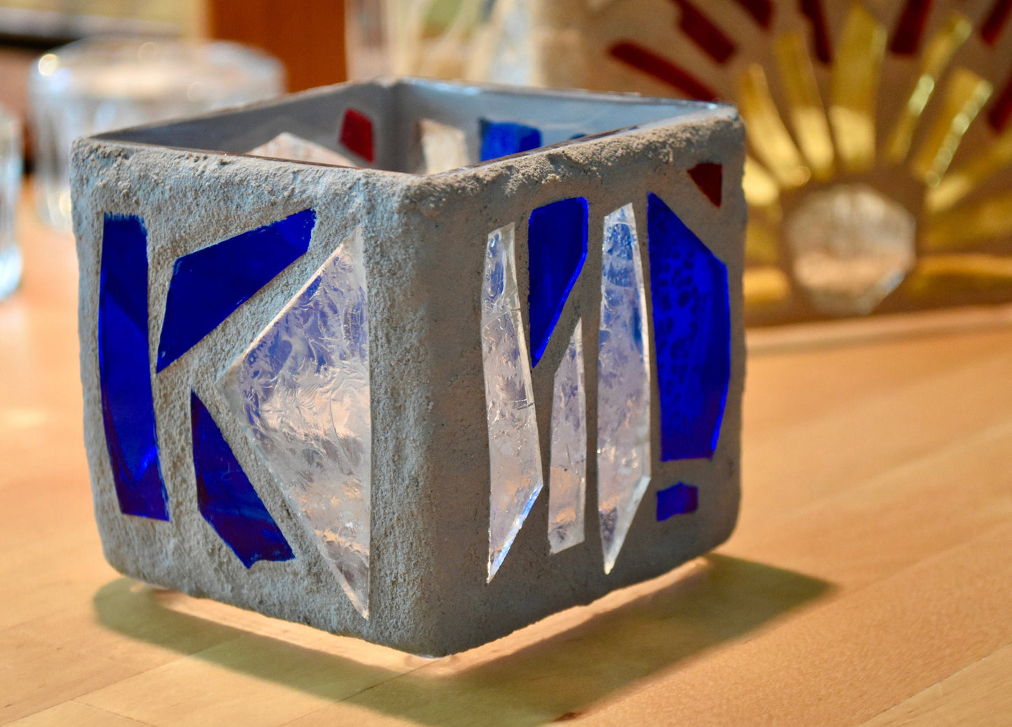 "The Blue Swim" Stained Glass Candle Holder – Blue, Clear Crystal, and Red with Gray Grout