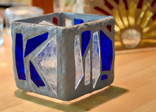 "The Blue Swim" Stained Glass Candle Holder – Blue, Clear Crystal, and Red with Gray Grout