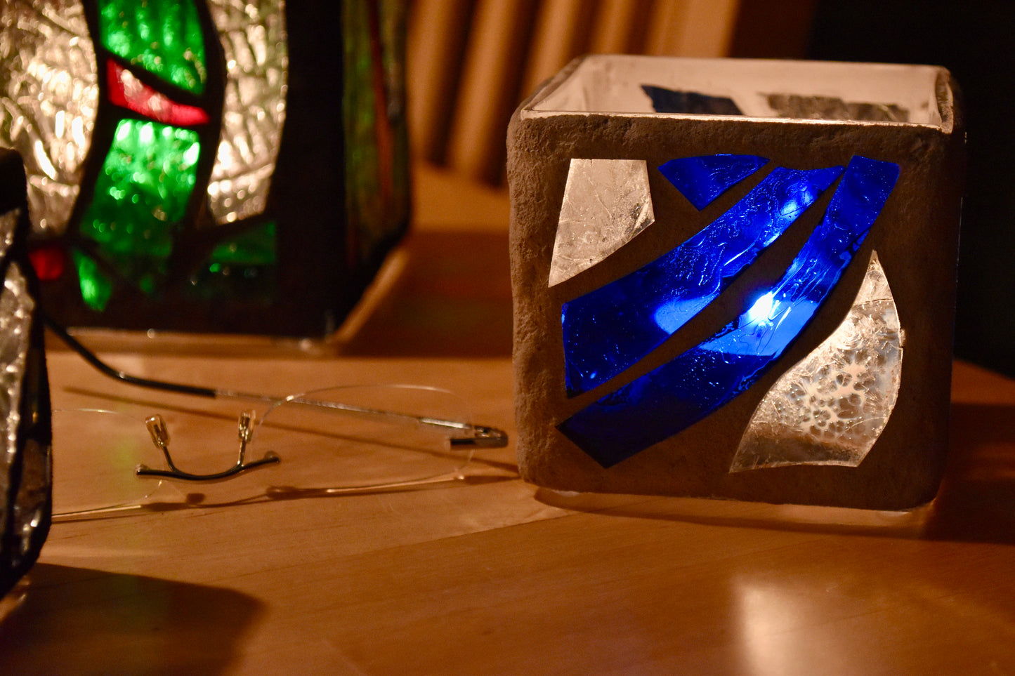 "The Blue Swim" Stained Glass Candle Holder – Blue, Clear Crystal, and Red with Gray Grout