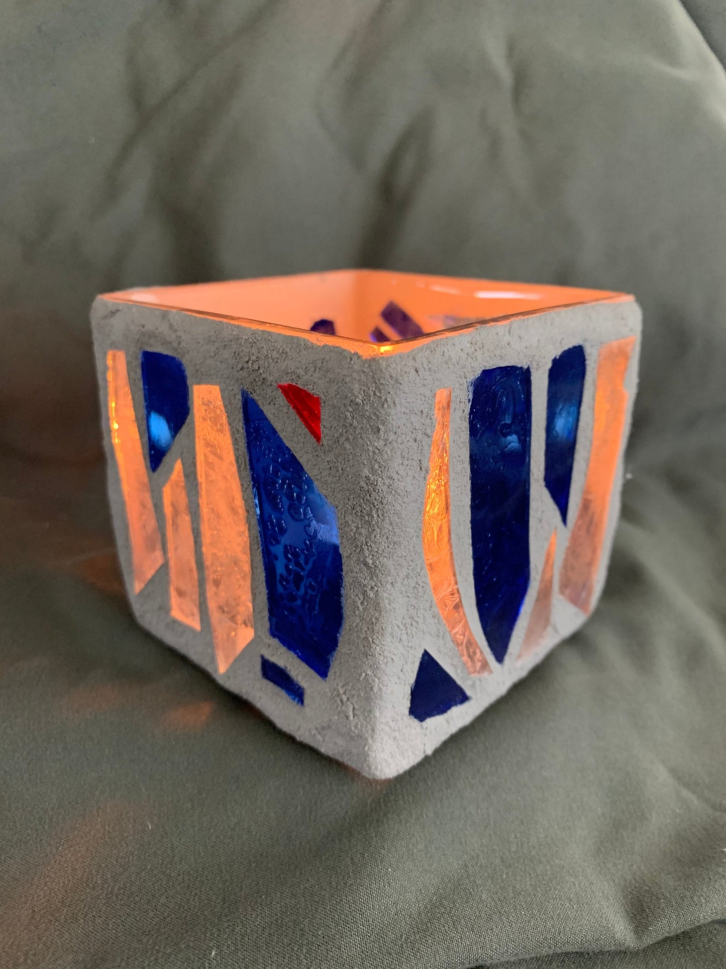 "The Blue Swim" Stained Glass Candle Holder – Blue, Clear Crystal, and Red with Gray Grout