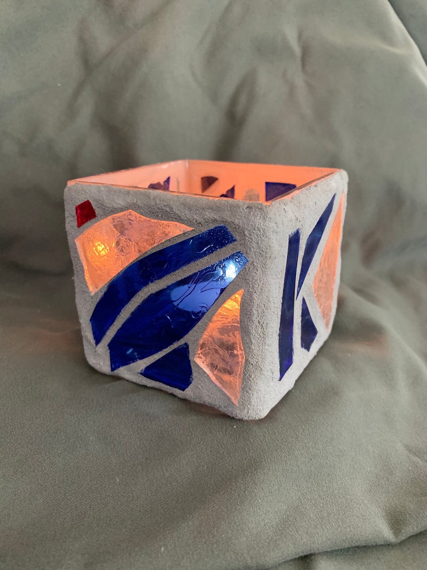 "The Blue Swim" Stained Glass Candle Holder – Blue, Clear Crystal, and Red with Gray Grout