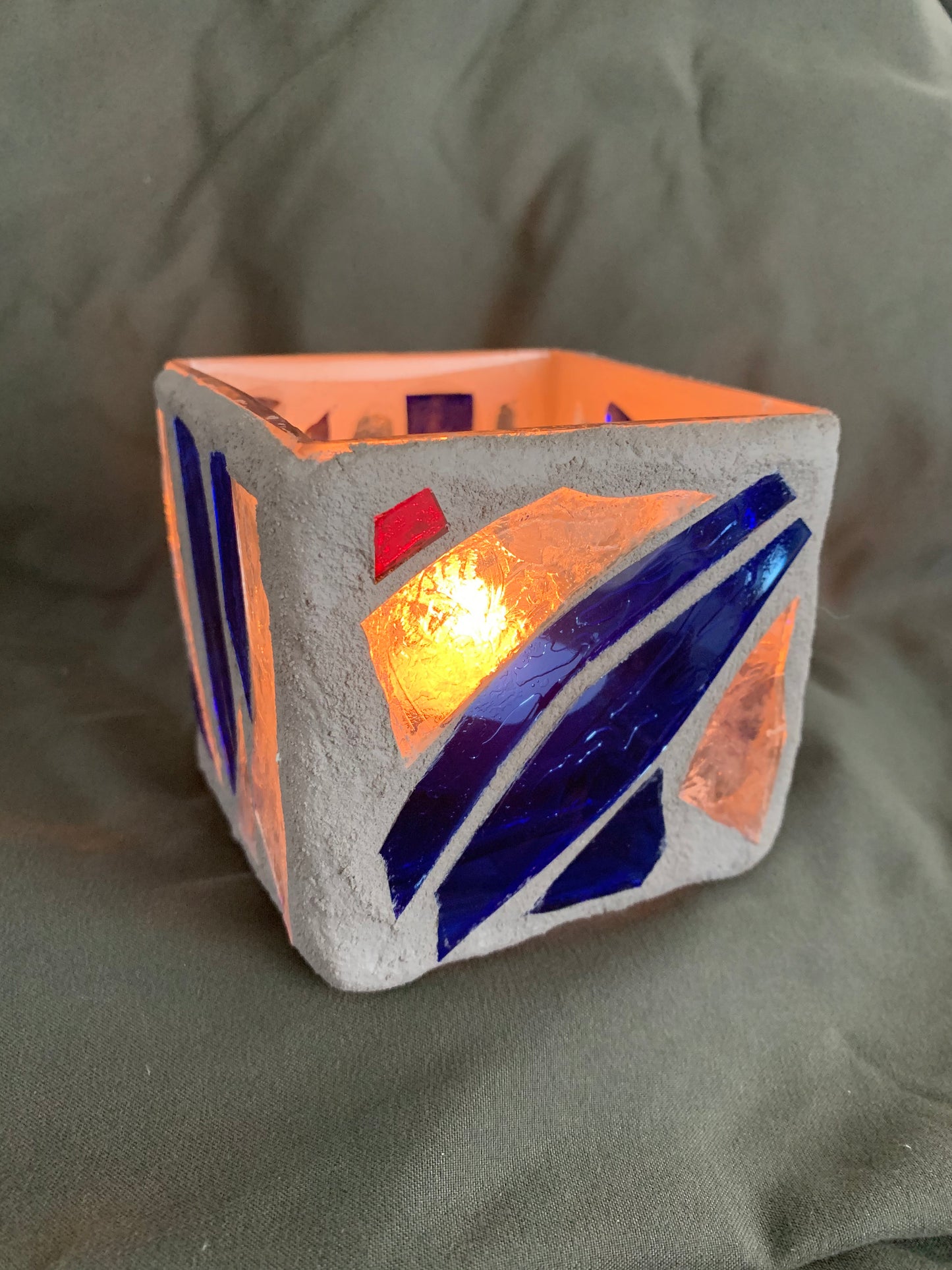 "The Blue Swim" Stained Glass Candle Holder – Blue, Clear Crystal, and Red with Gray Grout