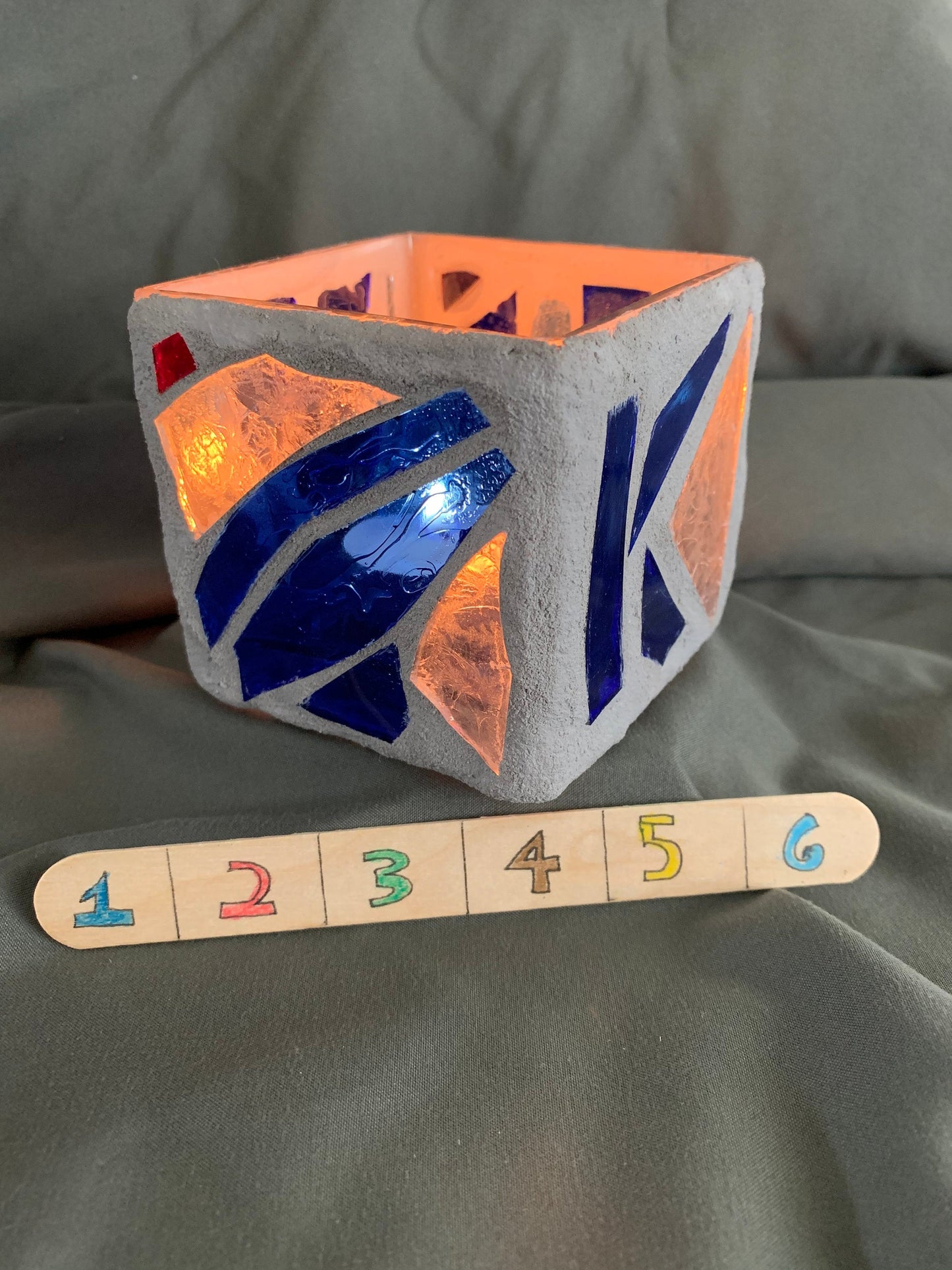 "The Blue Swim" Stained Glass Candle Holder – Blue, Clear Crystal, and Red with Gray Grout