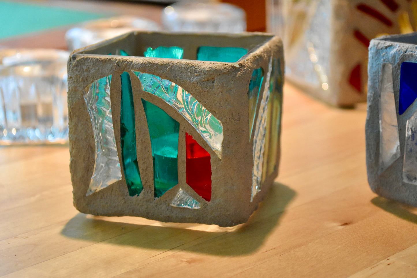 "The Green Desert" Stained Glass Candleholder, 3x3 with Green, Crystal Clear, and Red Accents - Cathedral Candles by Martsolf Design