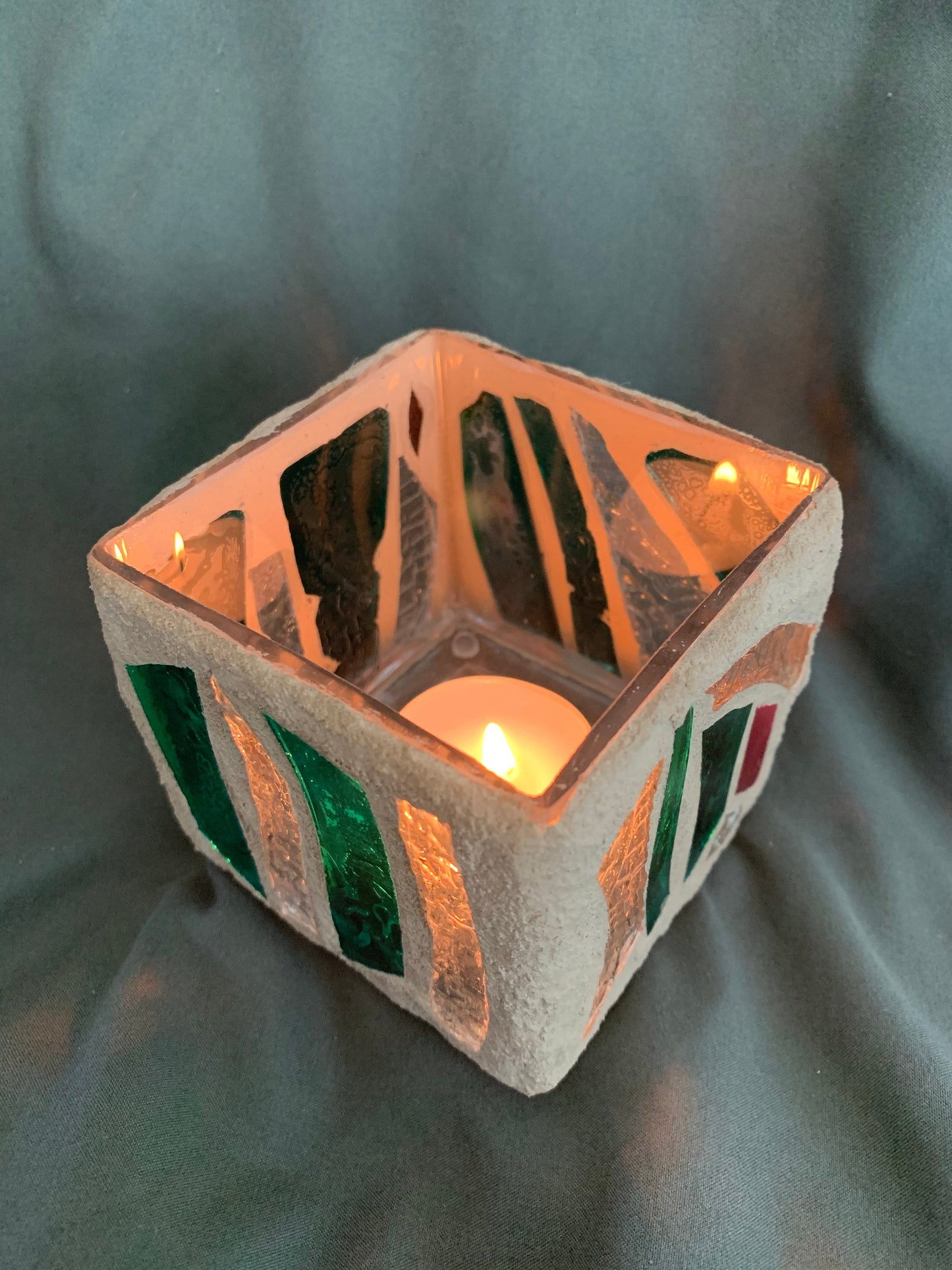 "The Green Desert" Stained Glass Candleholder, 3x3 with Green, Crystal Clear, and Red Accents - Cathedral Candles by Martsolf Design