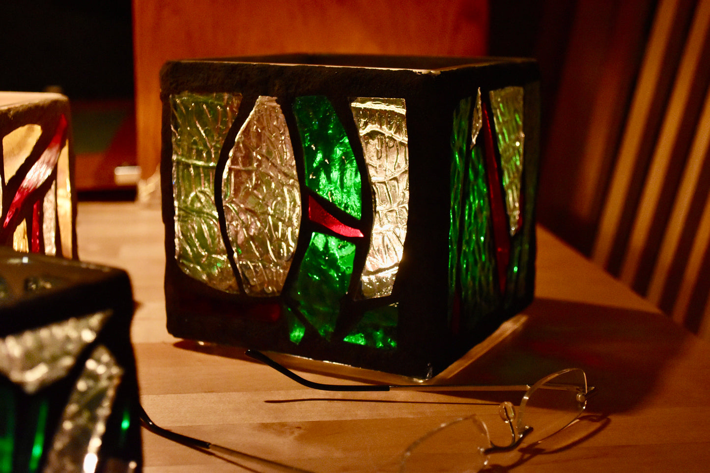 "The Calm of Green" Stained Glass Candle Holder – Green, Clear Crystal, and Red Glass with Coal Colored Grout