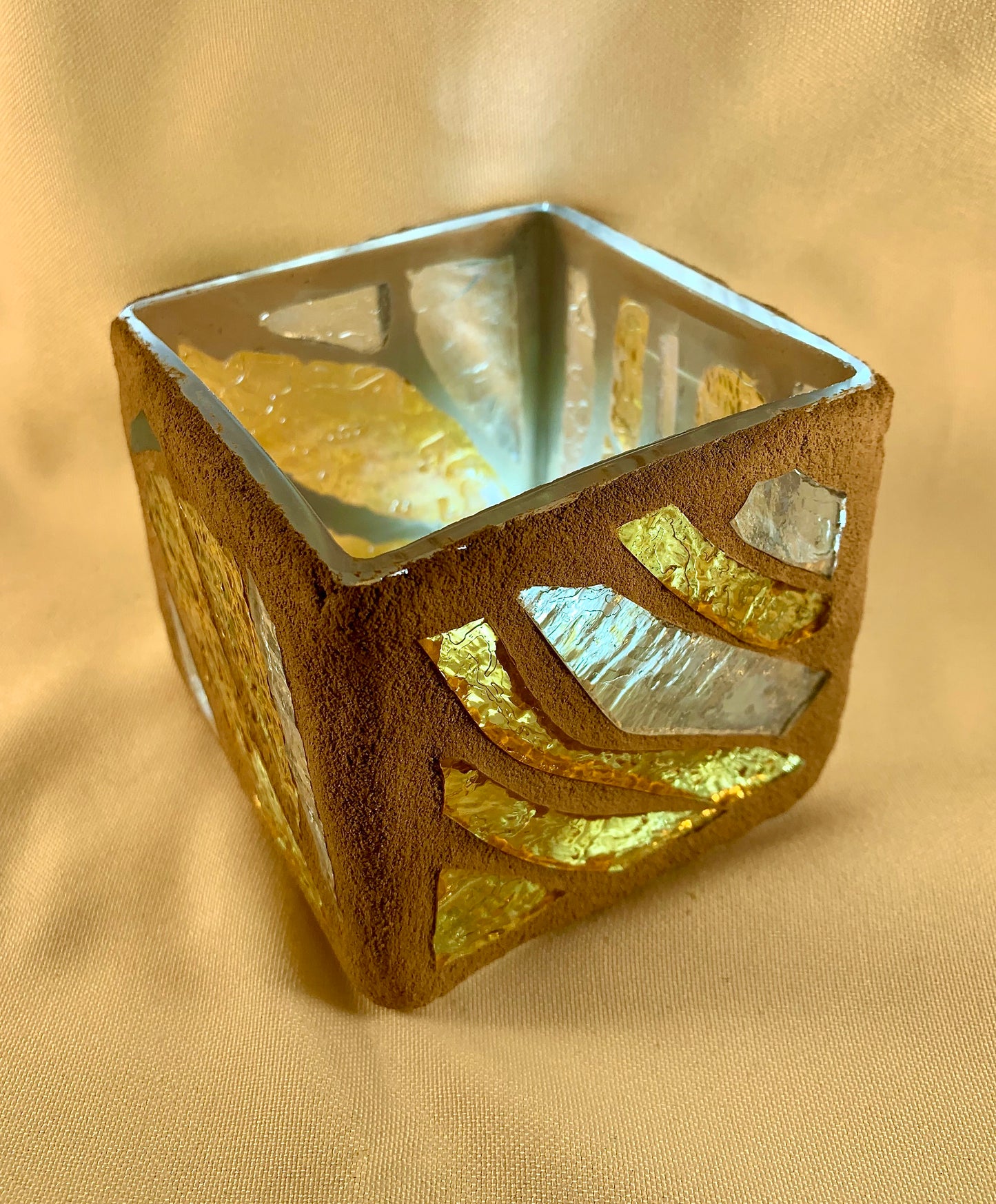 "Gold Chili" Stained Glass Candleholder, Gold, Green, and Clear Crystal with Sandstone Grout - Cathedral Candles by Martsolf Design