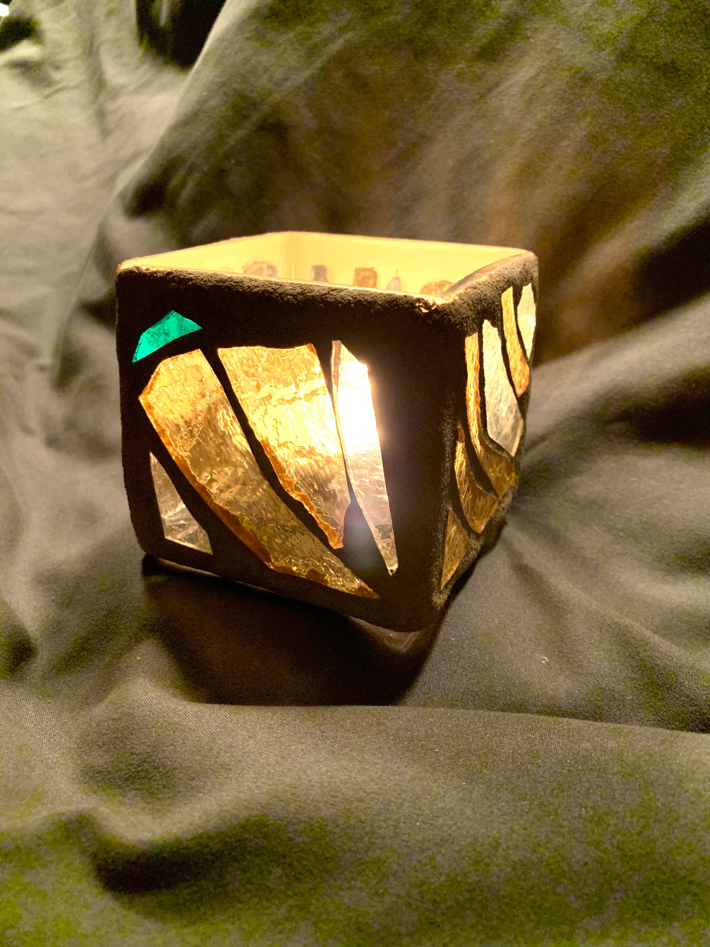 "Gold Chili" Stained Glass Candleholder, Gold, Green, and Clear Crystal with Sandstone Grout - Cathedral Candles by Martsolf Design