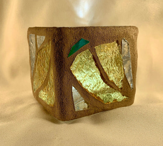 "Gold Chili" Stained Glass Candleholder, Gold, Green, and Clear Crystal with Sandstone Grout - Cathedral Candles by Martsolf Design