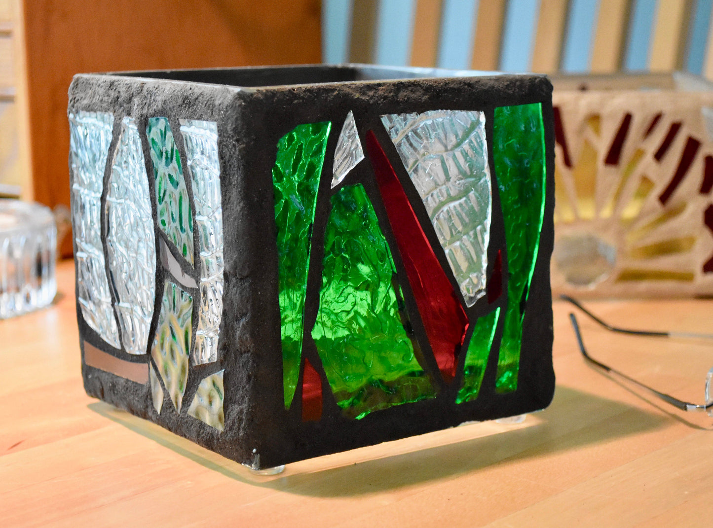 "The Calm of Green" Stained Glass Candle Holder – Green, Clear Crystal, and Red Glass with Coal Colored Grout