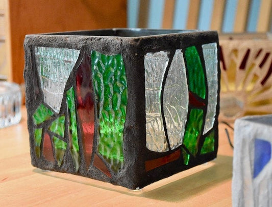 "The Calm of Green" Stained Glass Candle Holder – Green, Clear Crystal, and Red Glass with Coal Colored Grout