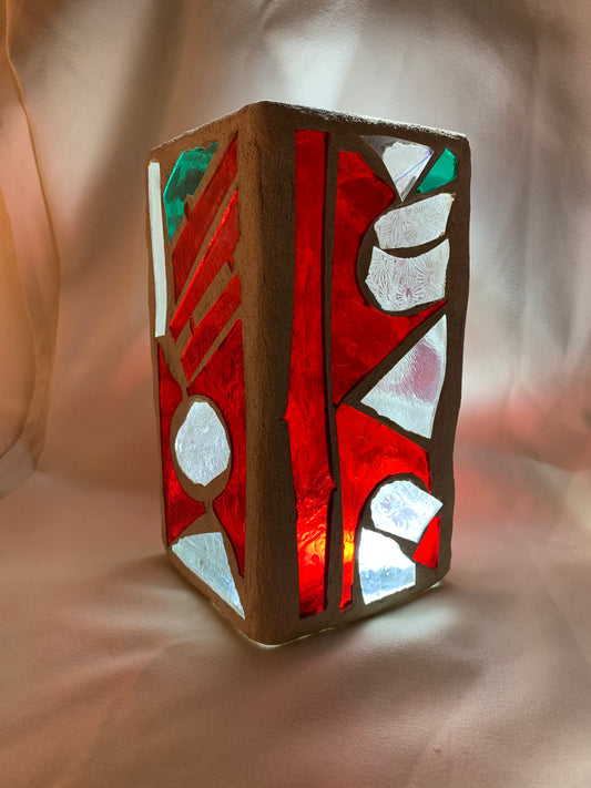 "Red Snowflake" - Crimson, Clear Crystal & Green Stained Glass Candleholder