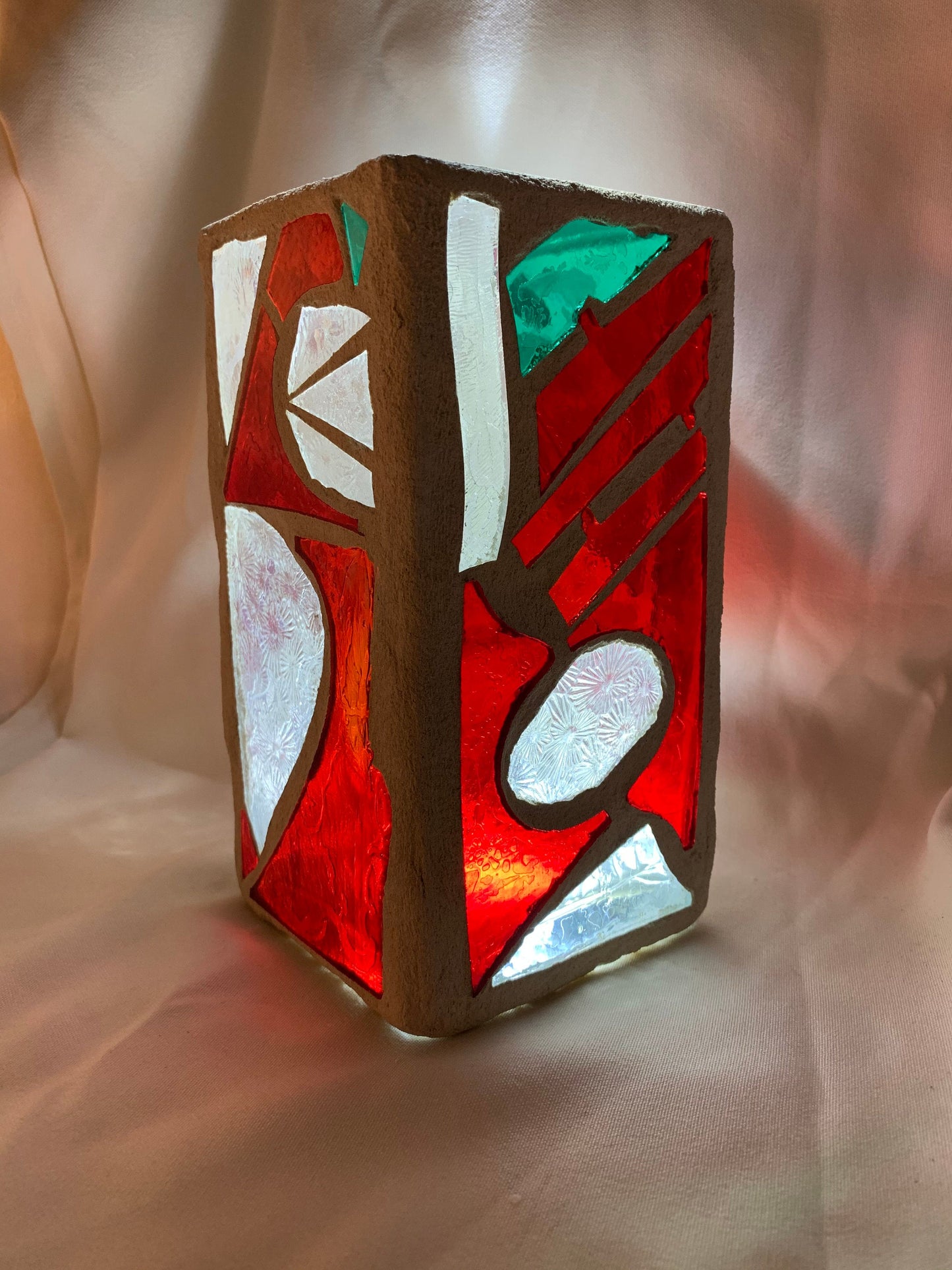"Red Snowflake" - Crimson, Clear Crystal & Green Stained Glass Candleholder