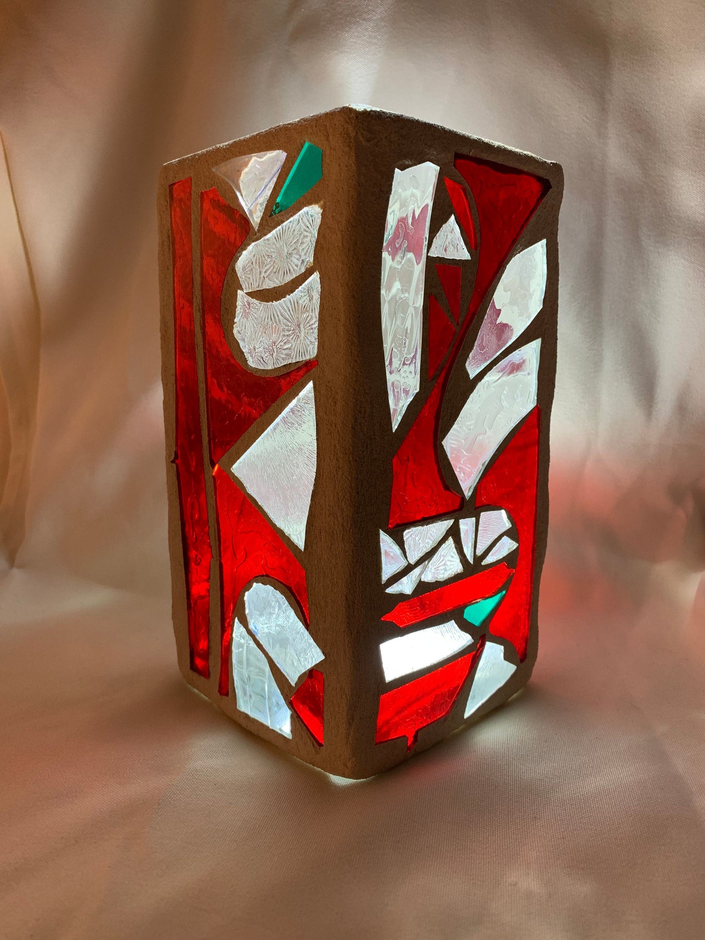 "Red Snowflake" - Crimson, Clear Crystal & Green Stained Glass Candleholder