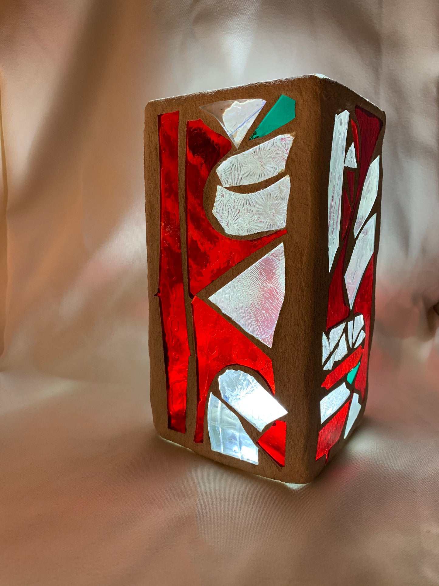 "Red Snowflake" - Crimson, Clear Crystal & Green Stained Glass Candleholder