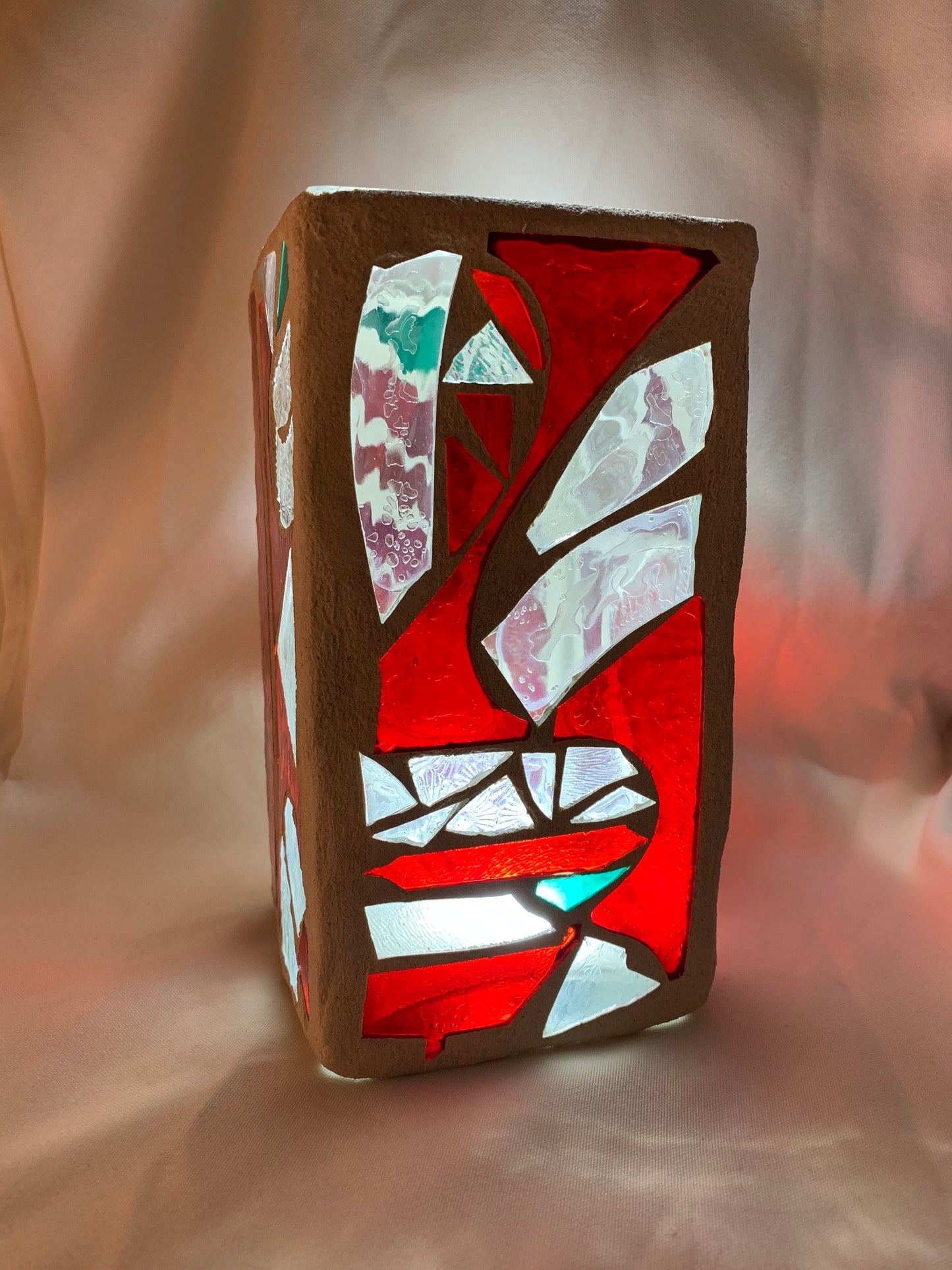 "Red Snowflake" - Crimson, Clear Crystal & Green Stained Glass Candleholder