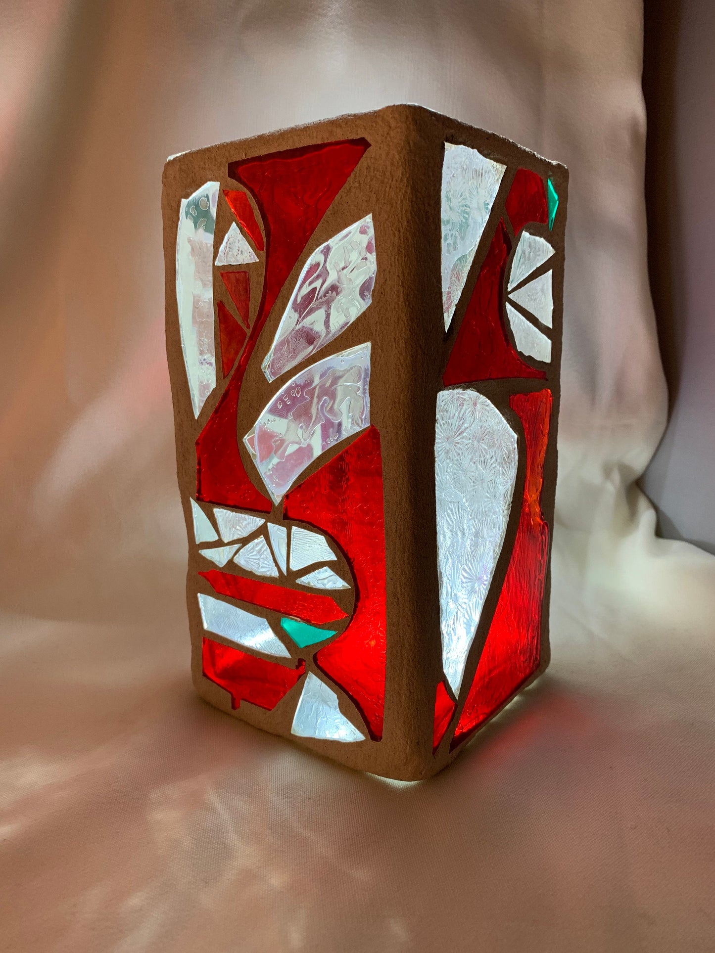 "Red Snowflake" - Crimson, Clear Crystal & Green Stained Glass Candleholder