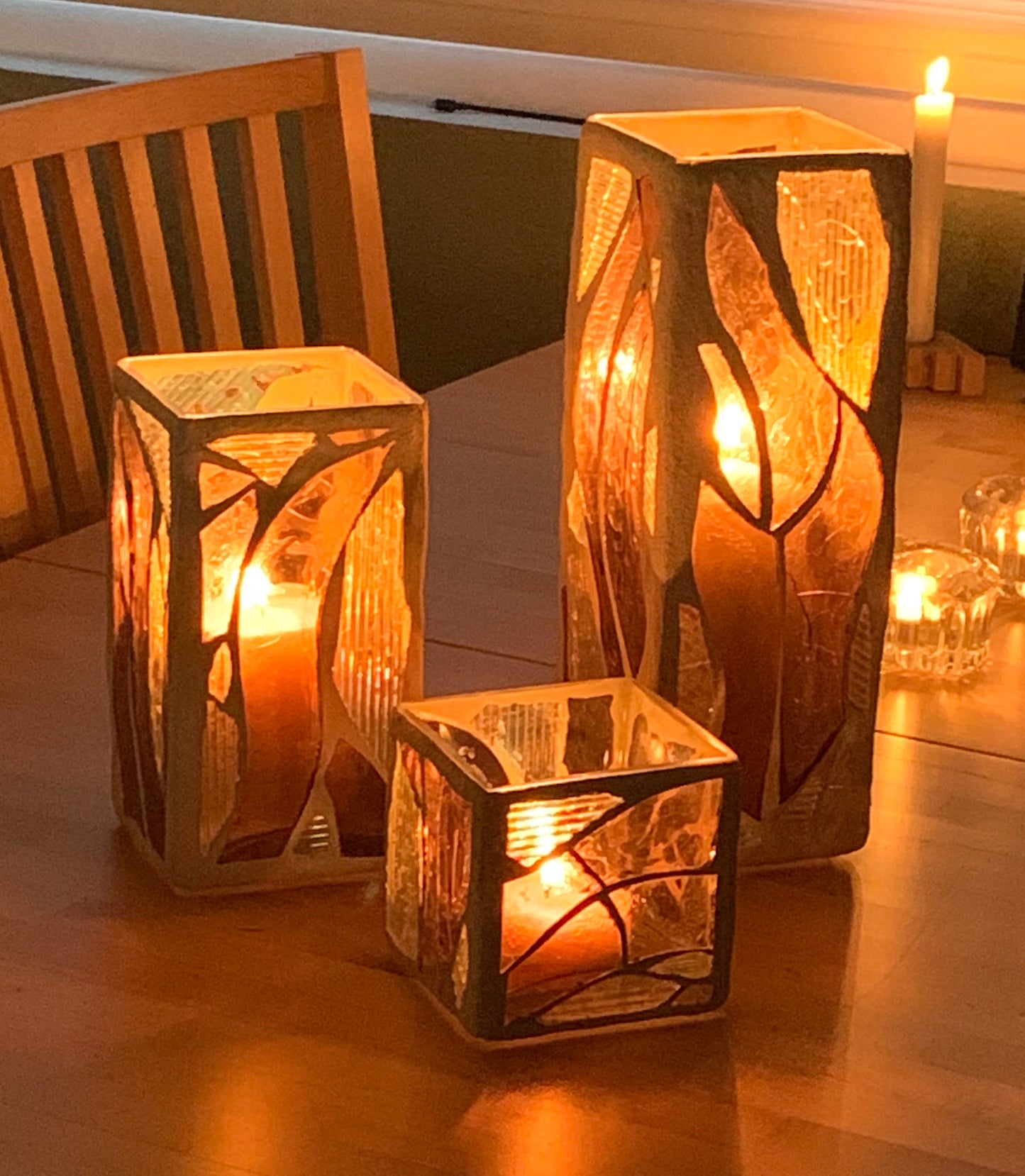 "The Three Sisters in Pink" Cathedral Candleholders – A Unique Trio of Stained Glass Elegance