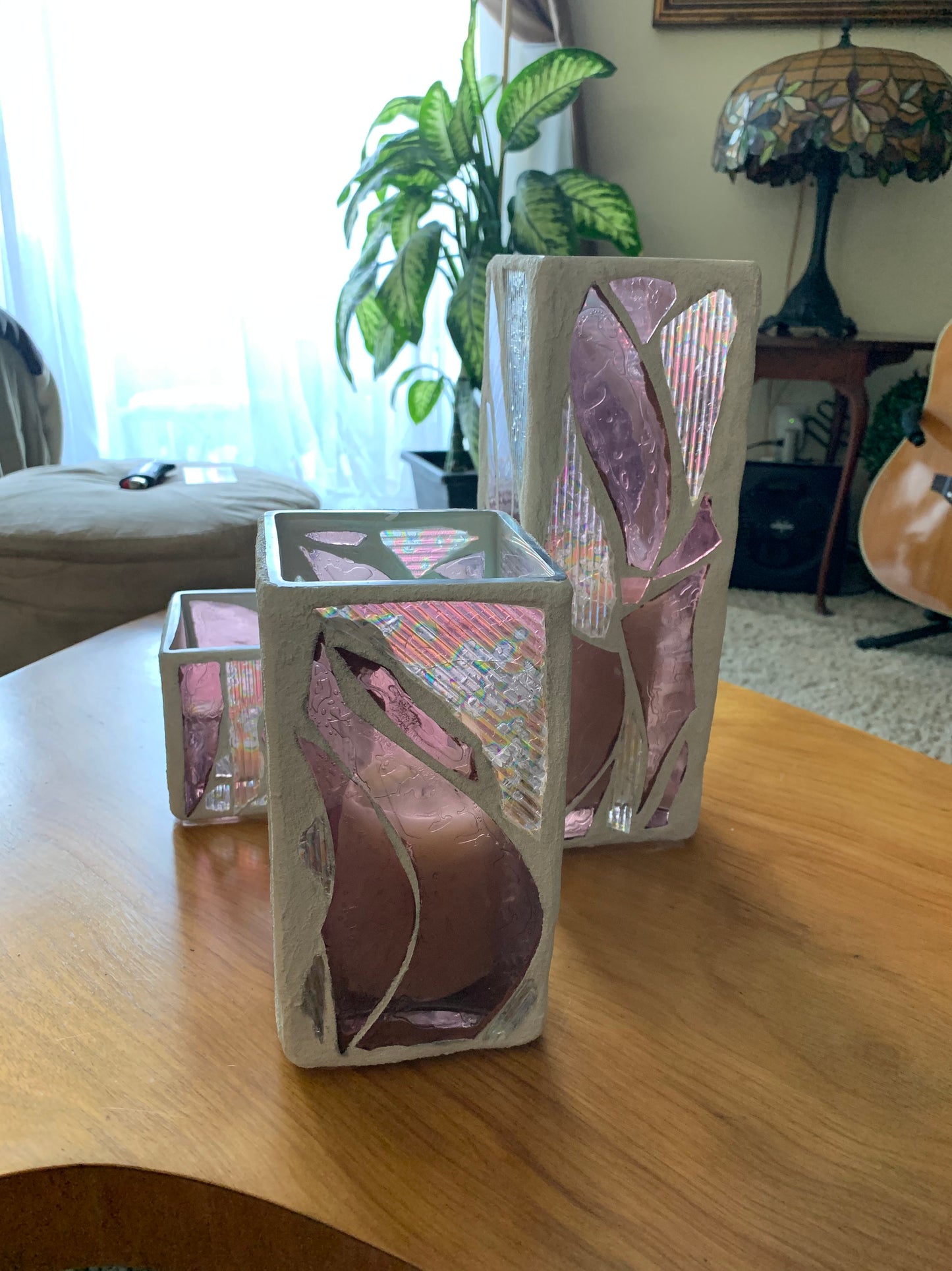 "The Three Sisters in Pink" Cathedral Candleholders – A Unique Trio of Stained Glass Elegance