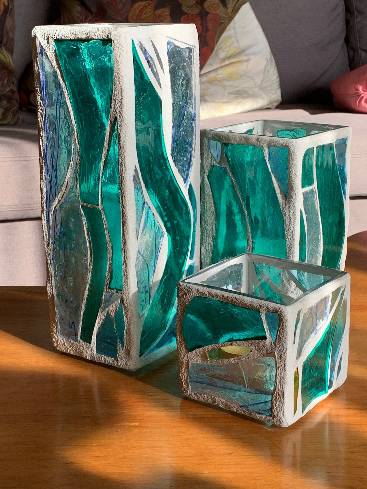 "The Three Sisters in Green" Cathedral Candleholders – A Unique Trio of Stained Glass Art