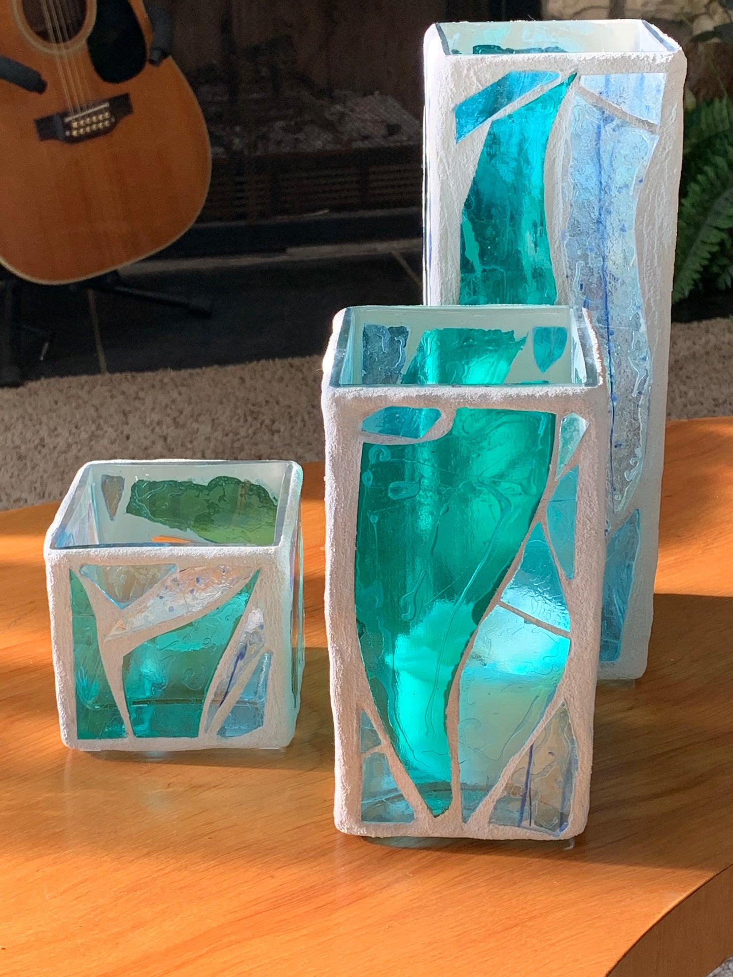 "The Three Sisters in Green" Cathedral Candleholders – A Unique Trio of Stained Glass Art