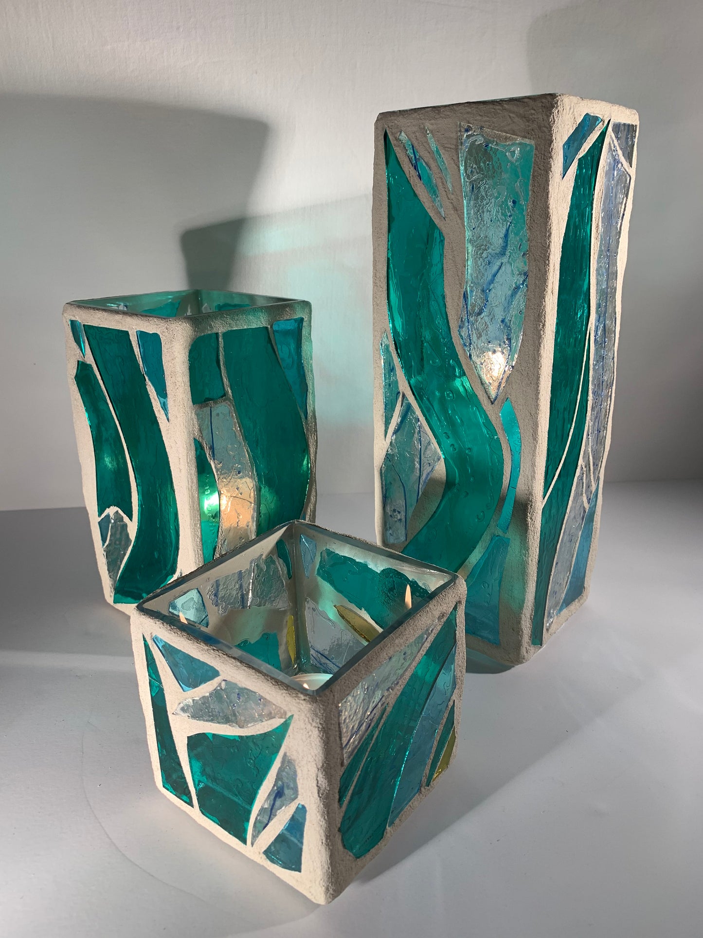 "The Three Sisters in Green" Cathedral Candleholders – A Unique Trio of Stained Glass Art
