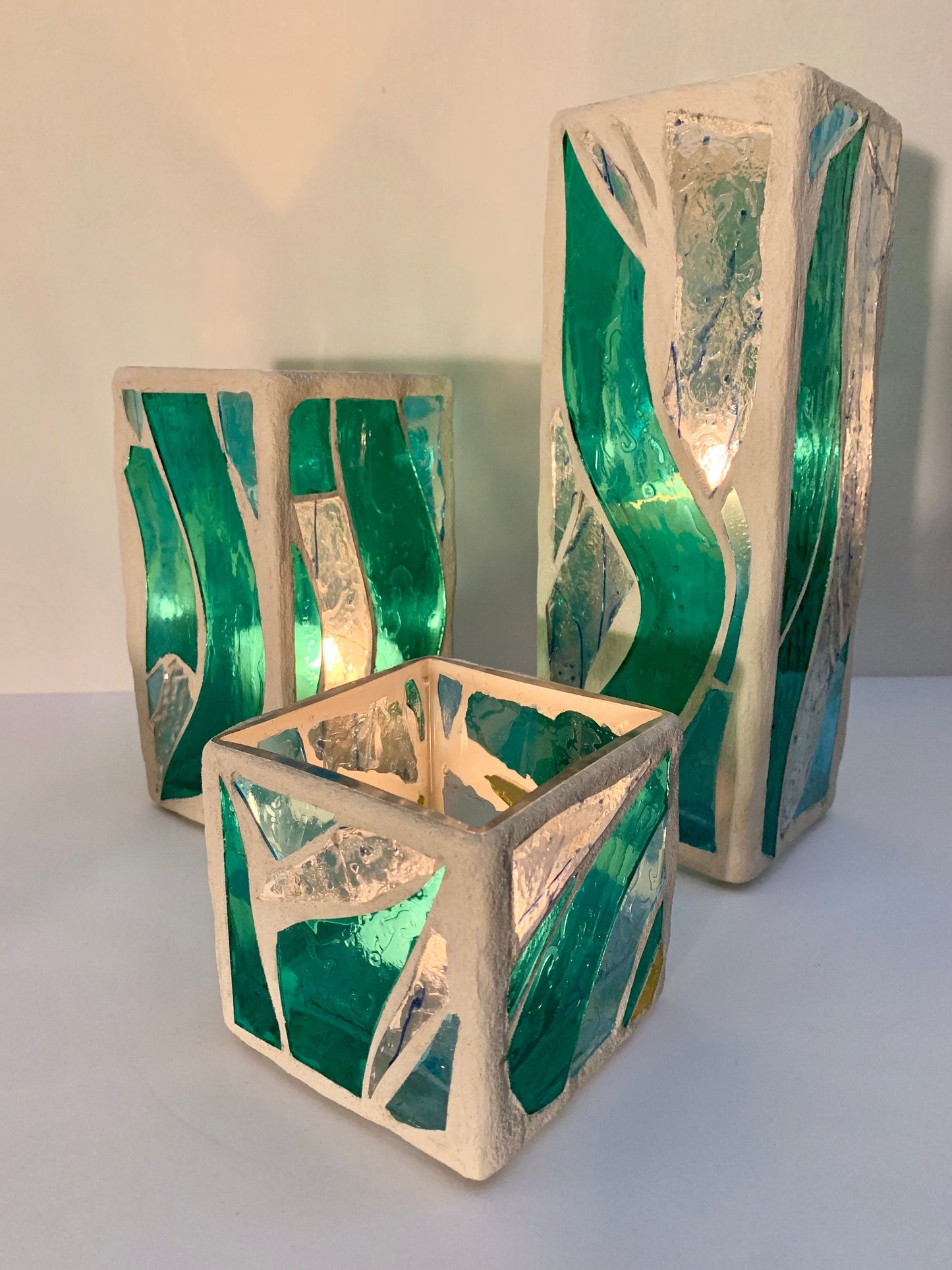 "The Three Sisters in Green" Cathedral Candleholders – A Unique Trio of Stained Glass Art
