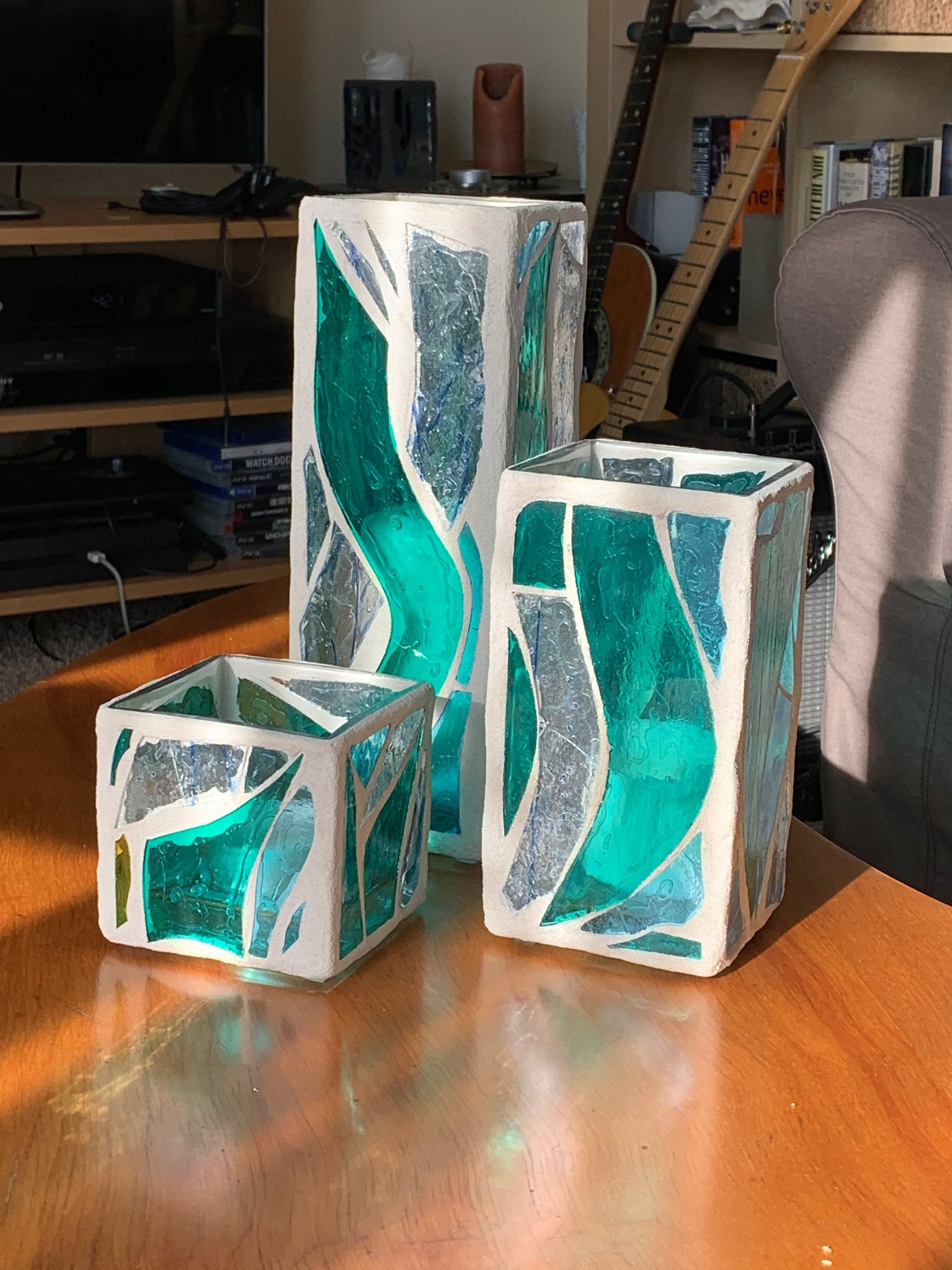 "The Three Sisters in Green" Cathedral Candleholders – A Unique Trio of Stained Glass Art