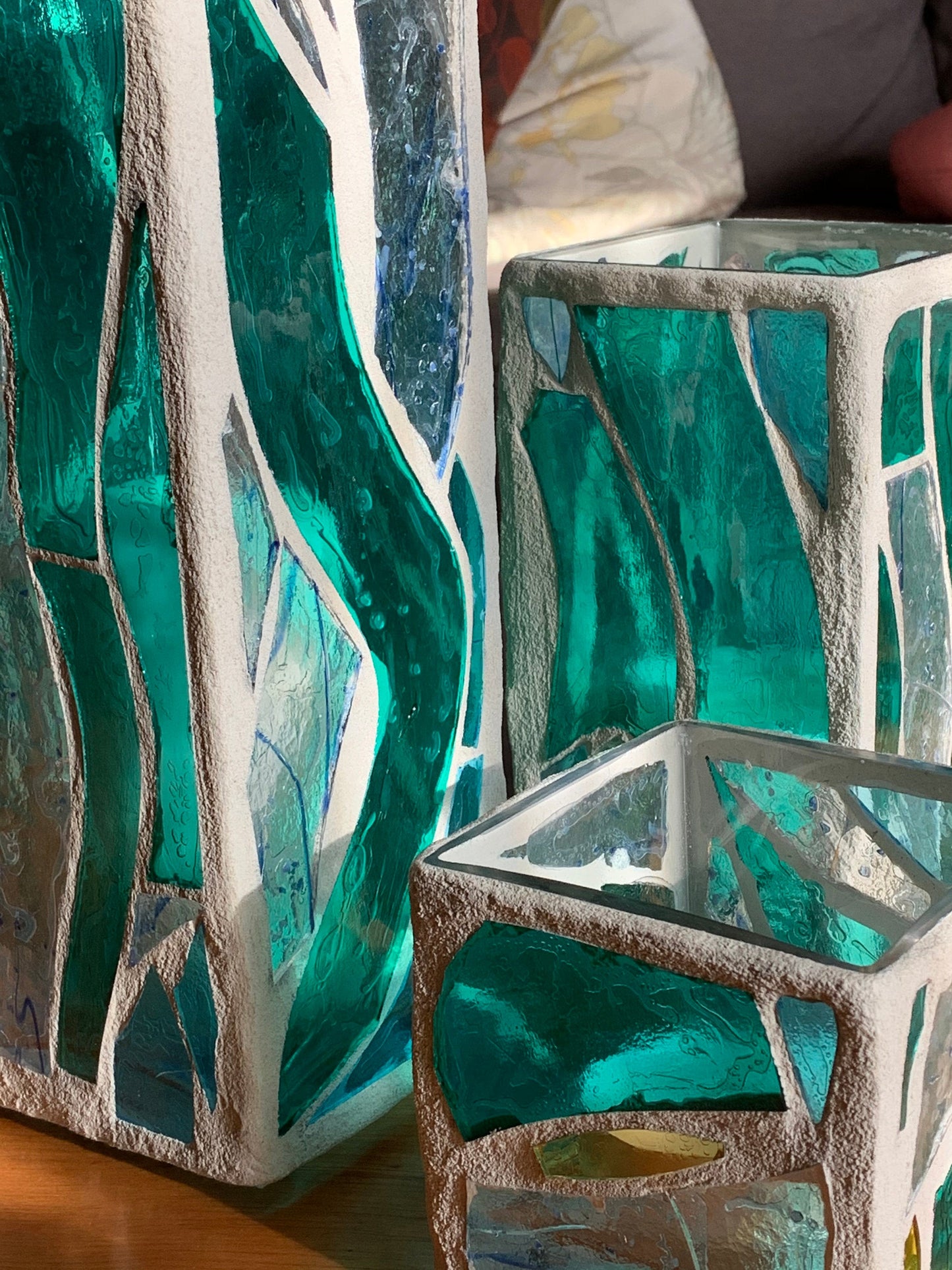 "The Three Sisters in Green" Cathedral Candleholders – A Unique Trio of Stained Glass Art