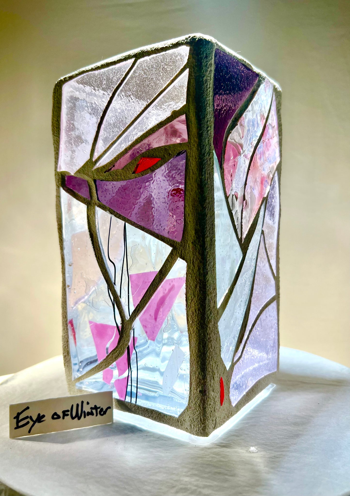 "Eye of Winter" – Frosted Stained Glass Cathedral Candleholder in Purples, Pinks & Clear Crystal